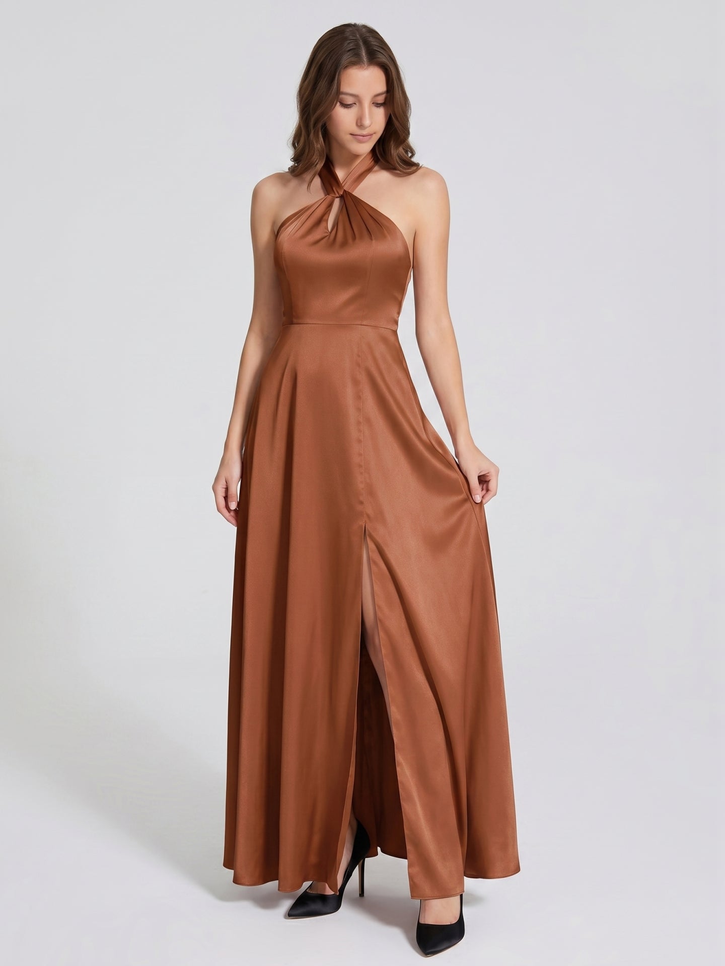 Terracotta Satin A-Line Halter Lace-Up Back Floor-Length Bridesmaid Dress with Bow