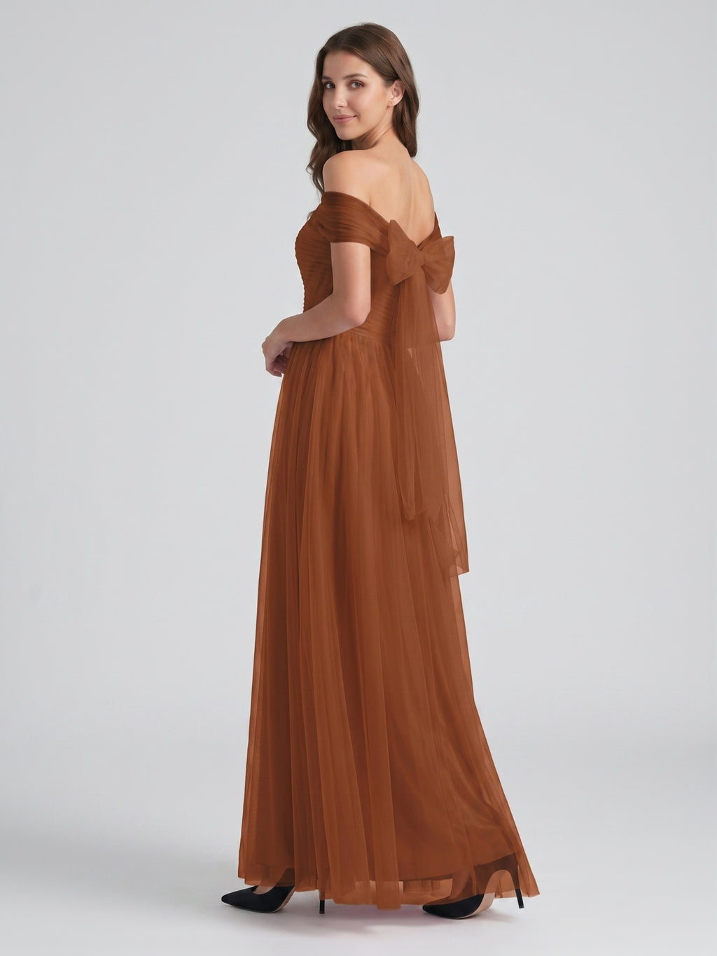 Terracotta Tulle A-Line Off-the-Shoulder Backless Floor-Length Bridesmaid Dress with Bow