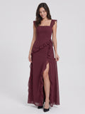 Elegant Cabernet Chiffon A-Line Square Neck Back Zip Ruffle Ankle-Length Bridesmaid Dress