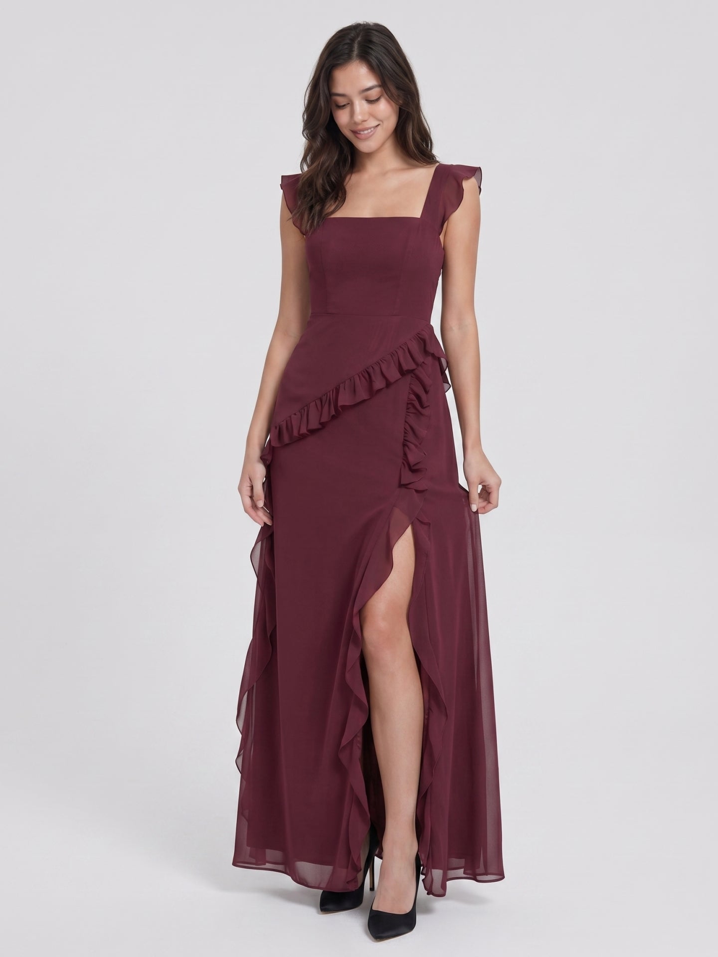 Elegant Cabernet Chiffon A-Line Square Neck Back Zip Ruffle Ankle-Length Bridesmaid Dress