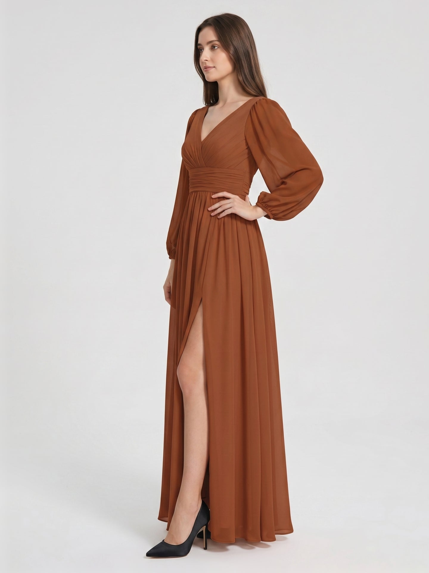 Terracotta Chiffon A-Line V-Neck V-Back Ankle-Length Pleated Bridesmaid Dress