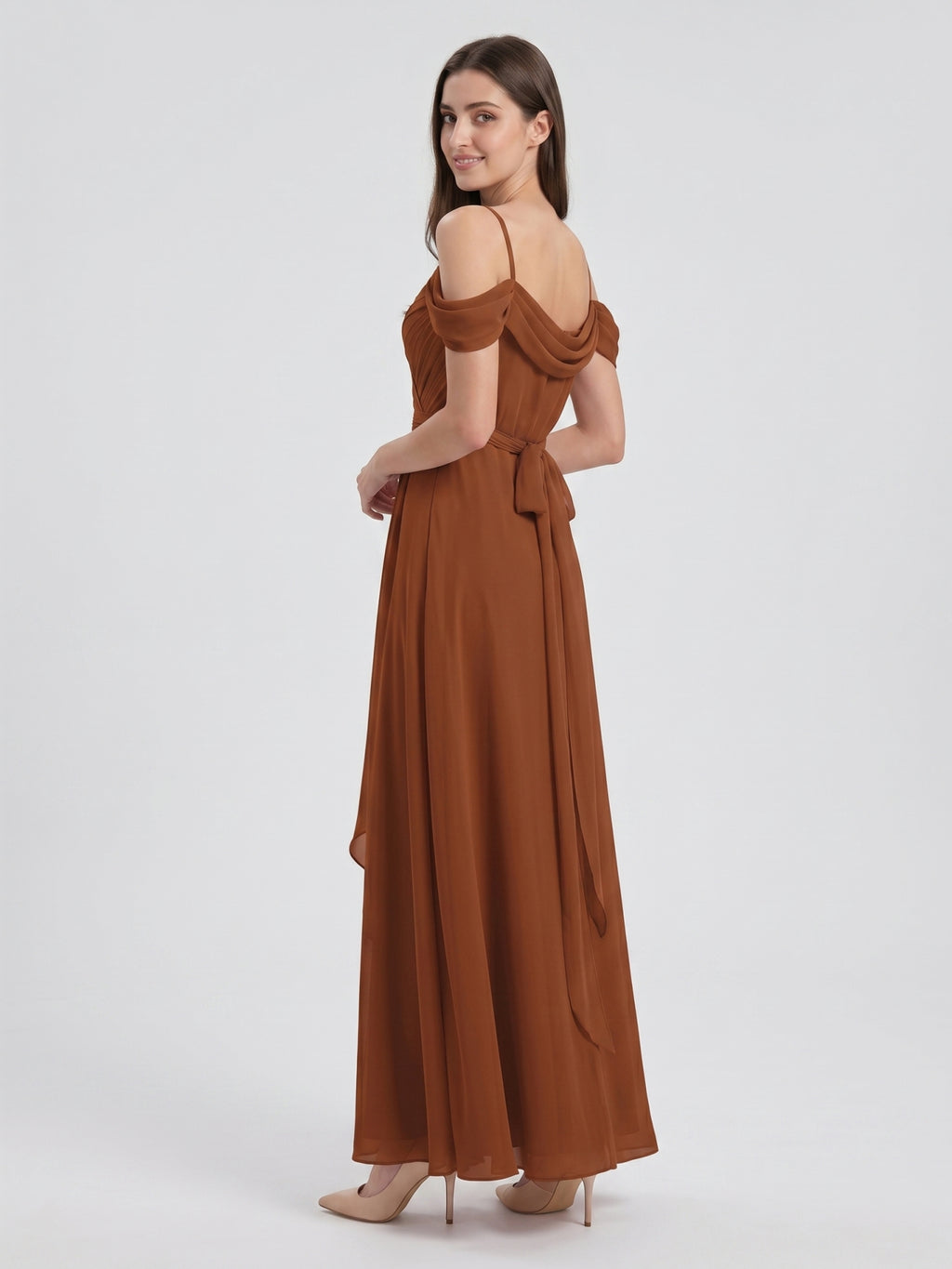 Terracotta Chiffon A-Line Off-the-Shoulder Backless Floor-Length Pleated Bridesmaid Dress