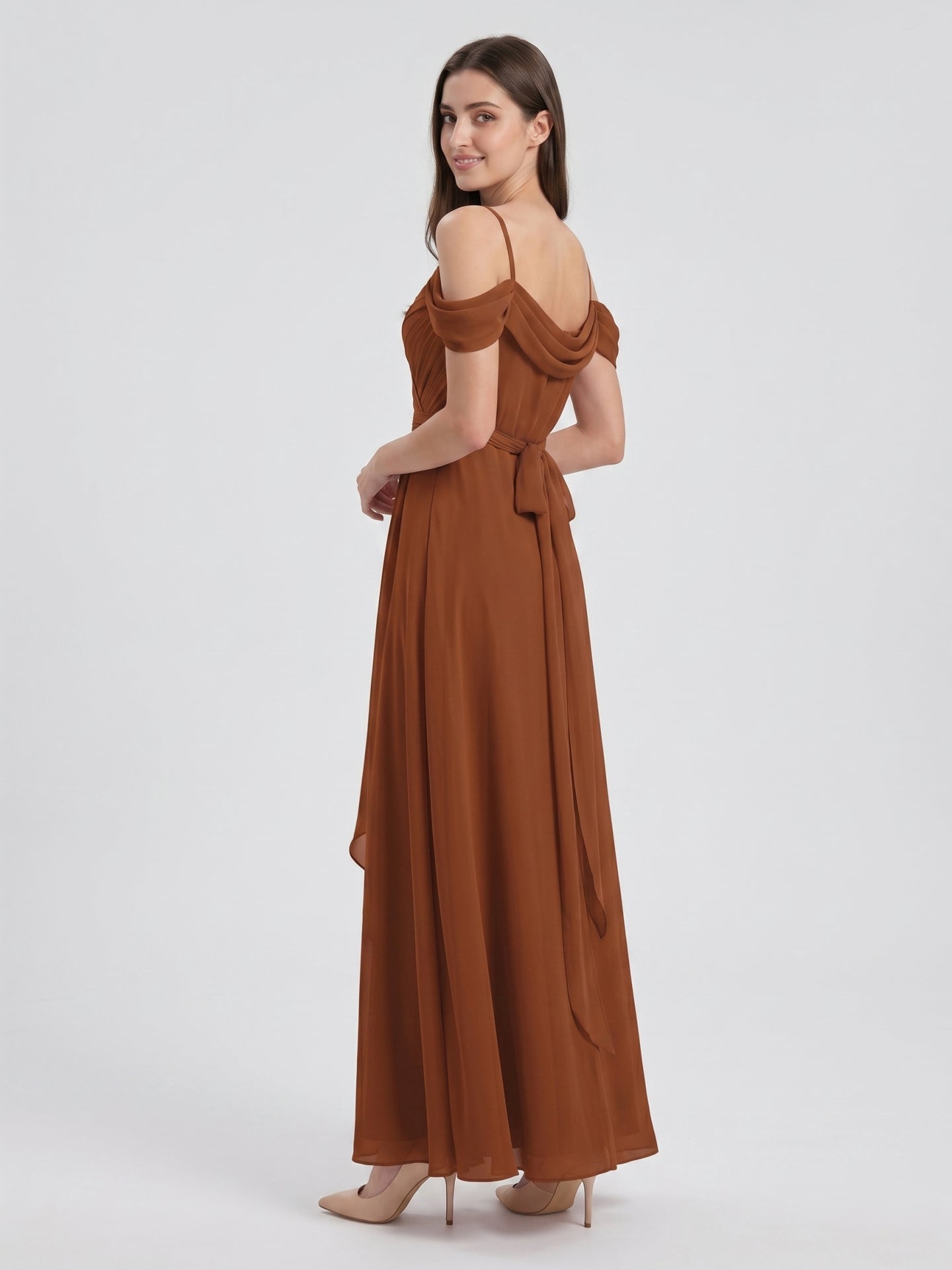 Terracotta Chiffon A-Line Off-the-Shoulder Backless Floor-Length Pleated Bridesmaid Dress
