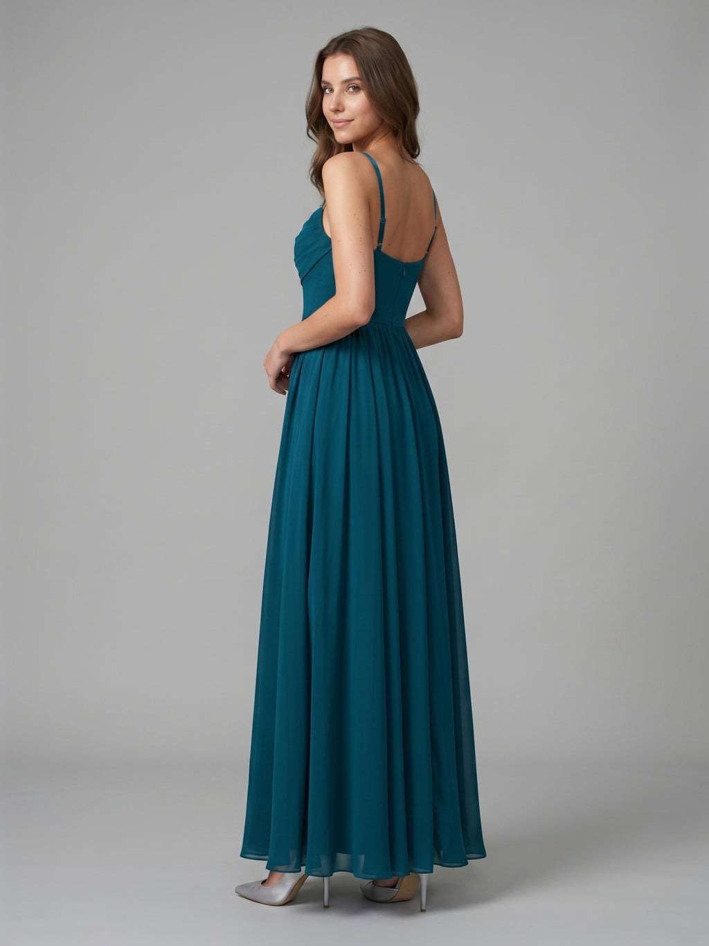 Teal Chiffon A-Line Cowl Neck Backless Floor-Length Pleated Bridesmaid Dress