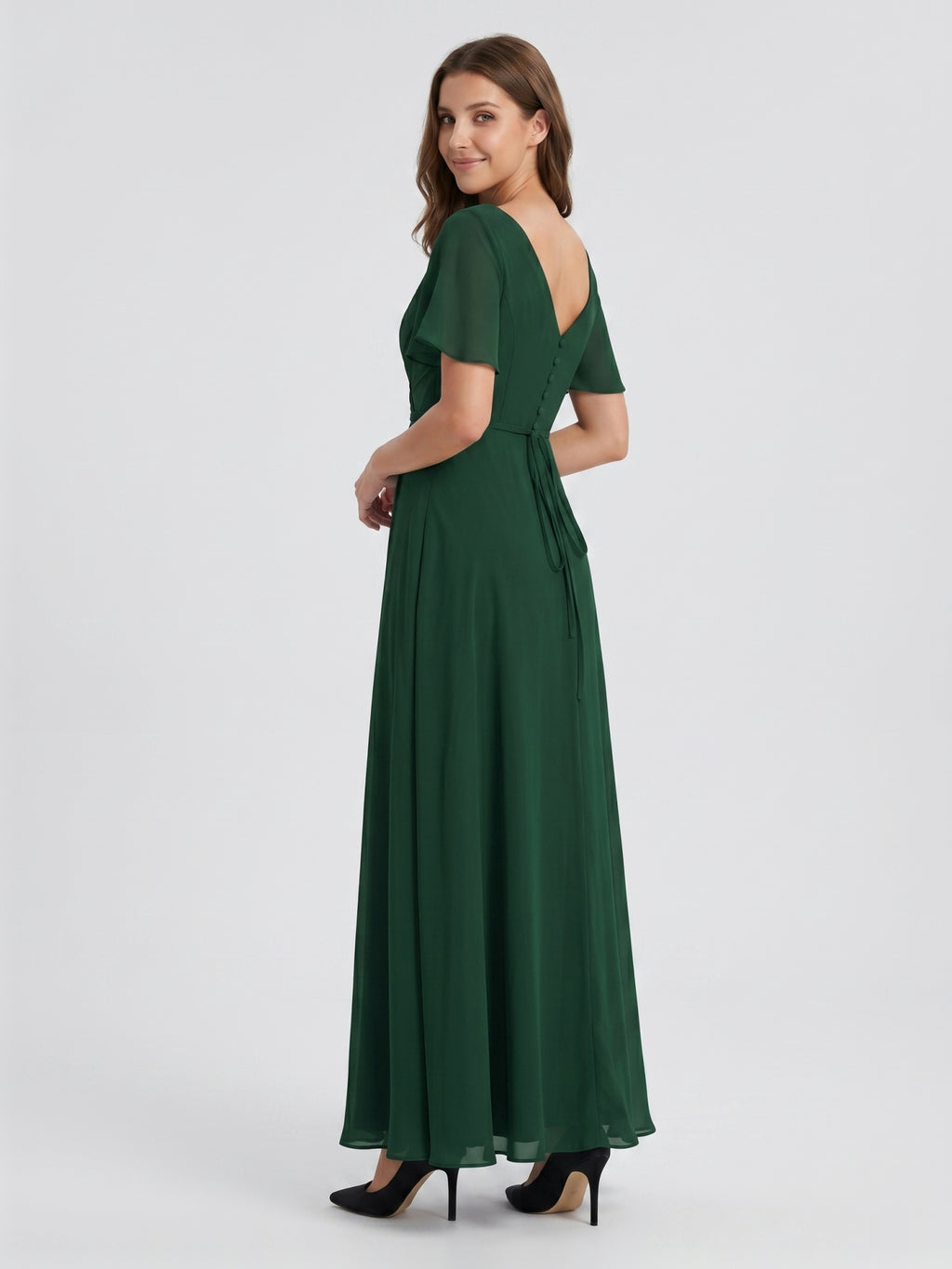 Forest Green Chiffon A-Line V-Neck V-Back Floor-Length Bridesmaid Dress