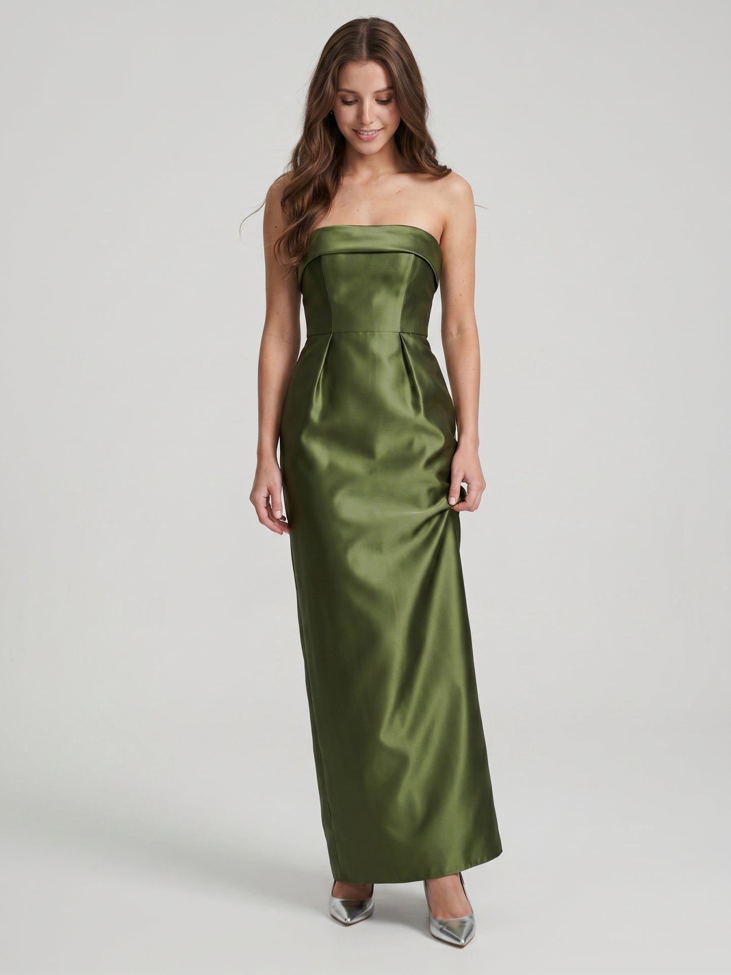 Olive Green Satin Sheath Off-the-Shoulder Backless Floor-Length Bridesmaid Dress