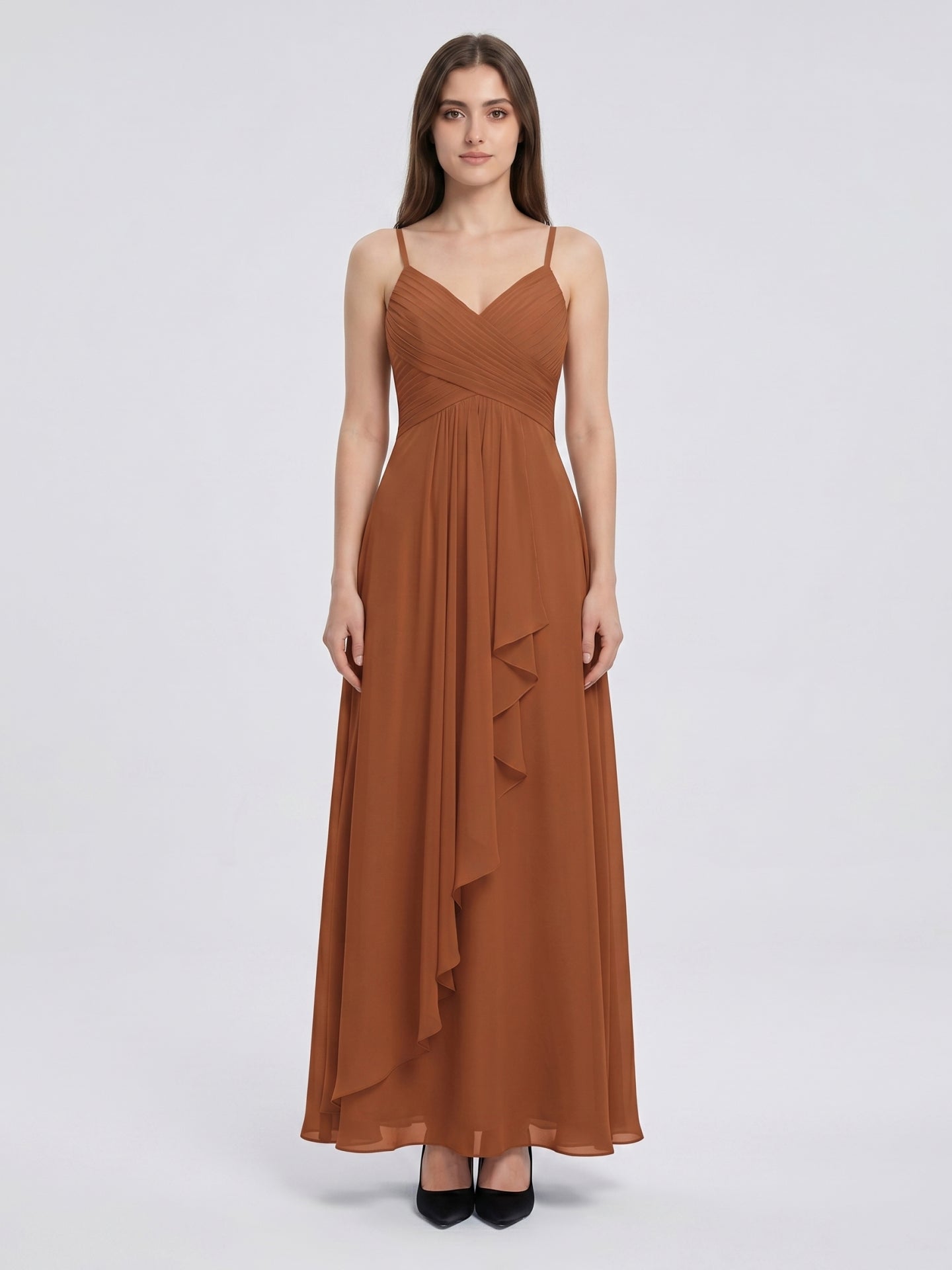 Terracotta Chiffon A-Line V-Neck Backless Floor-Length Pleated Bridesmaid Dress