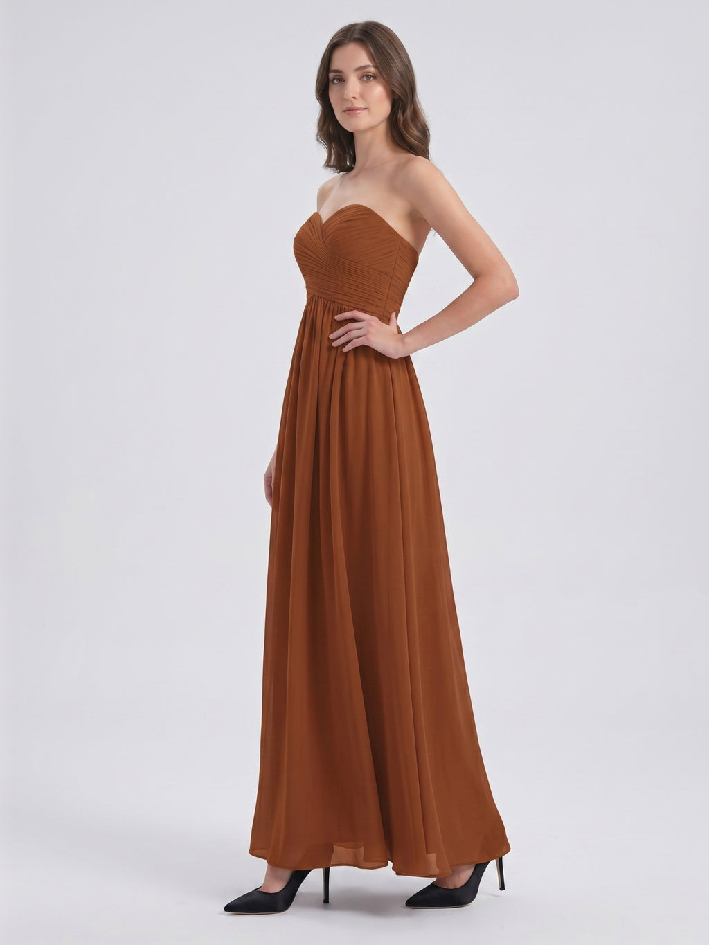 Terracotta Chiffon A-Line Off-the-Shoulder Back Zip Floor-Length Pleated Bridesmaid Dress