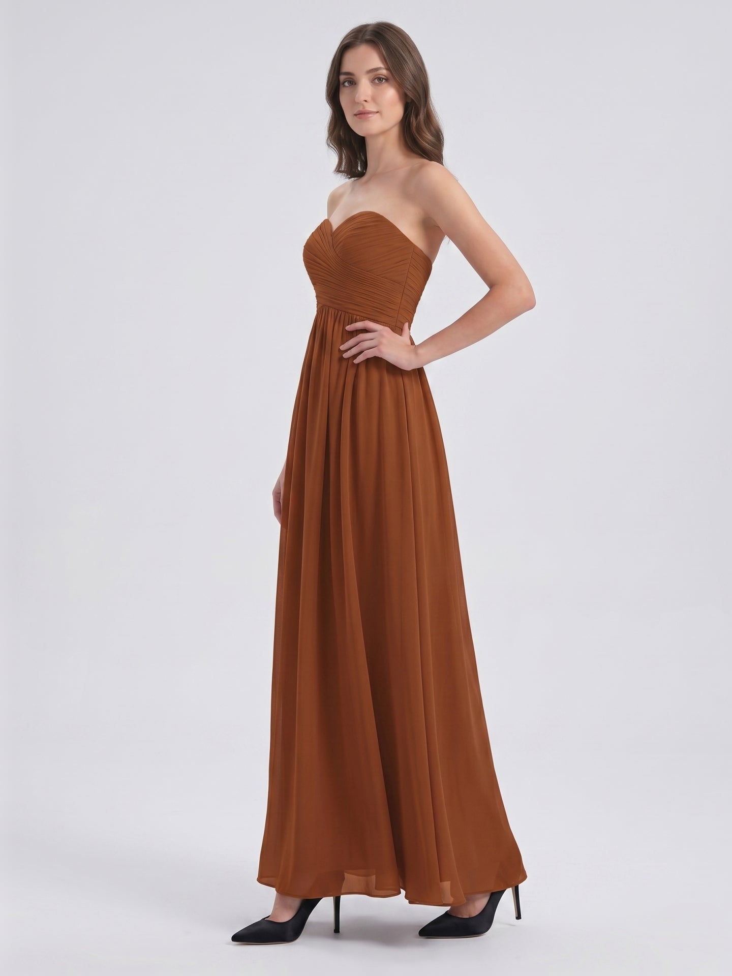 Terracotta Chiffon A-Line Off-the-Shoulder Back Zip Floor-Length Pleated Bridesmaid Dress