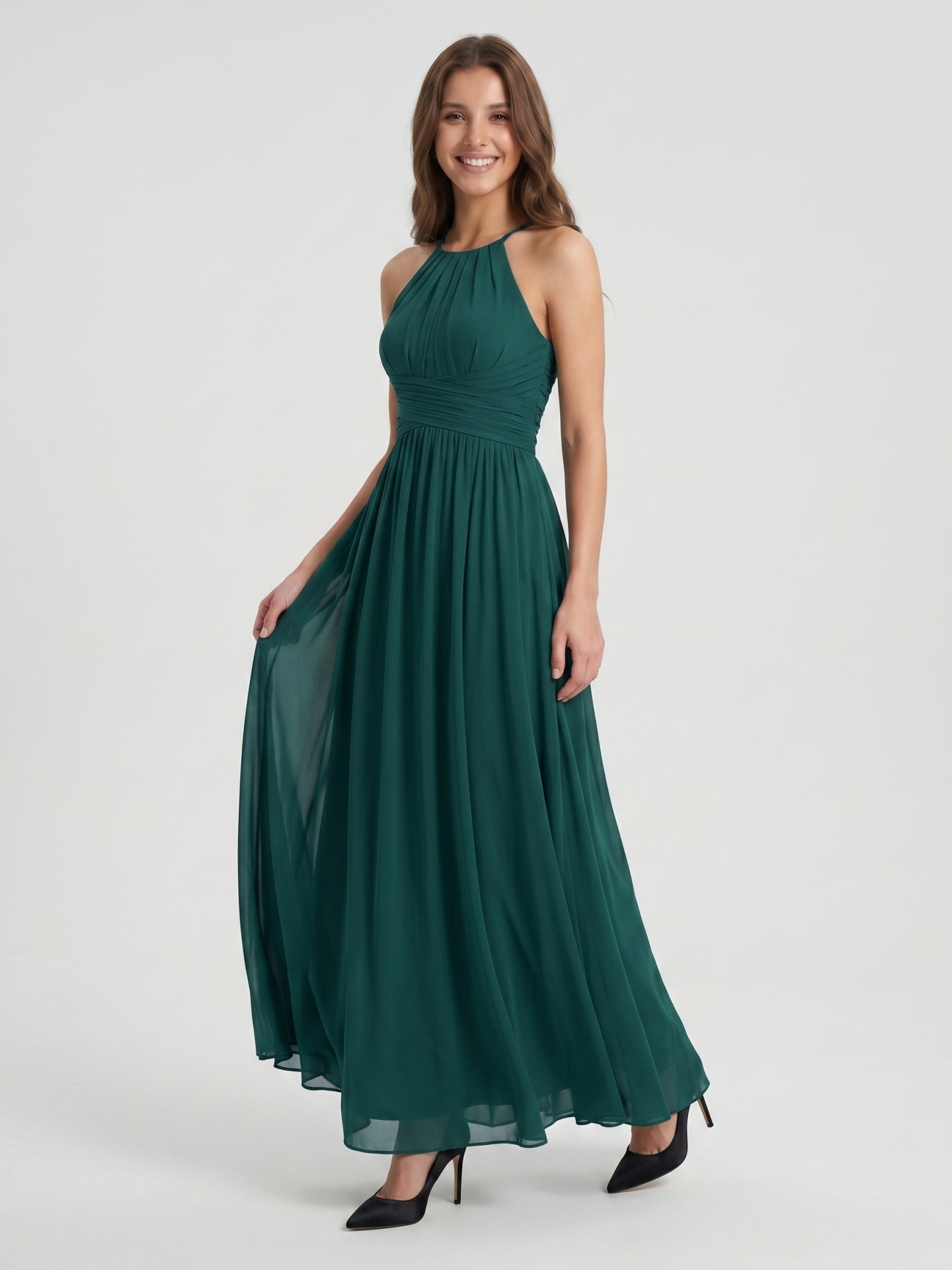 Peacock Chiffon A-Line Halter Criss-Cross Back Floor-Length Pleated Bridesmaid Dress