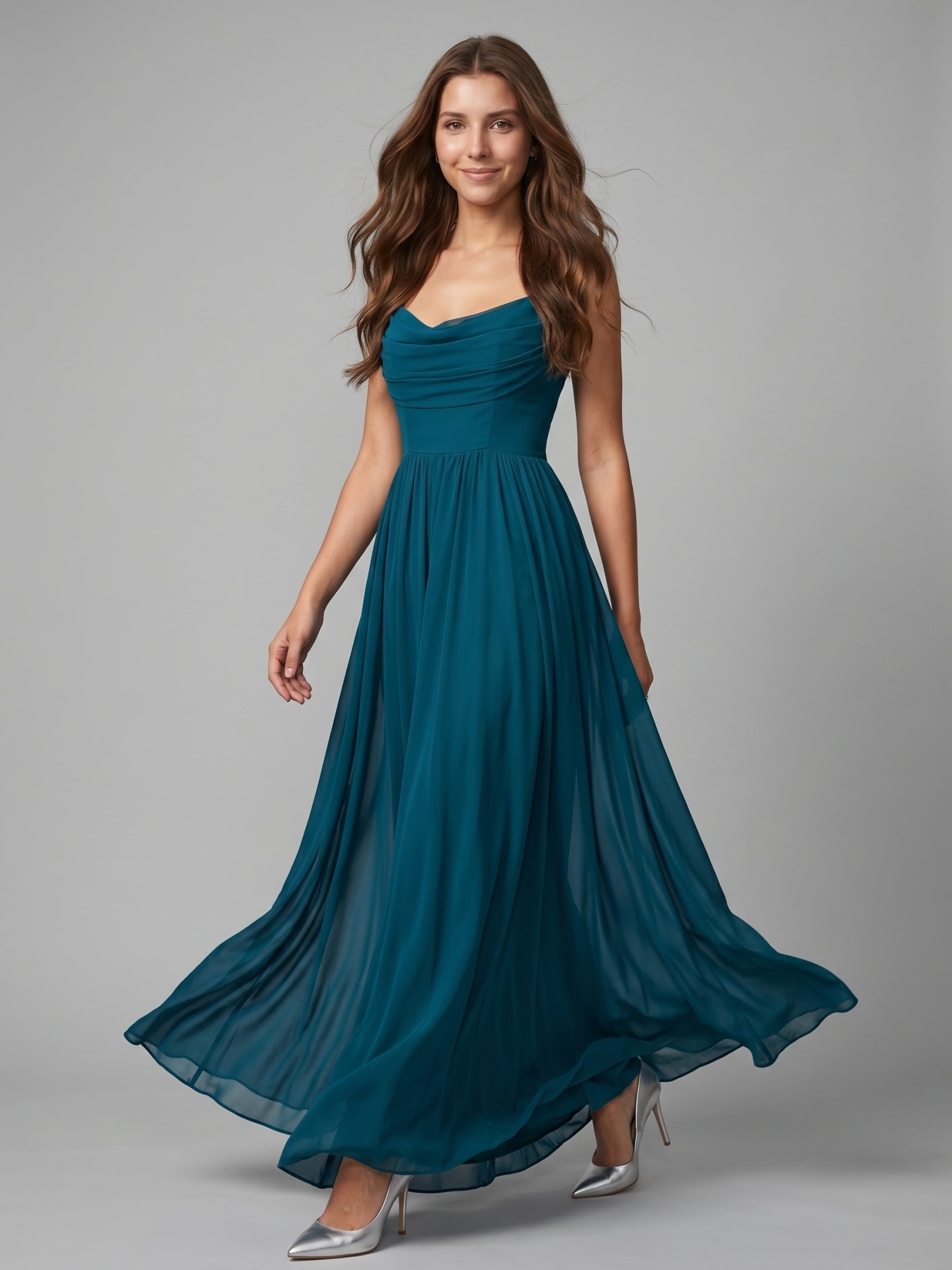 Teal Chiffon A-Line Cowl Neck Backless Floor-Length Pleated Bridesmaid Dress