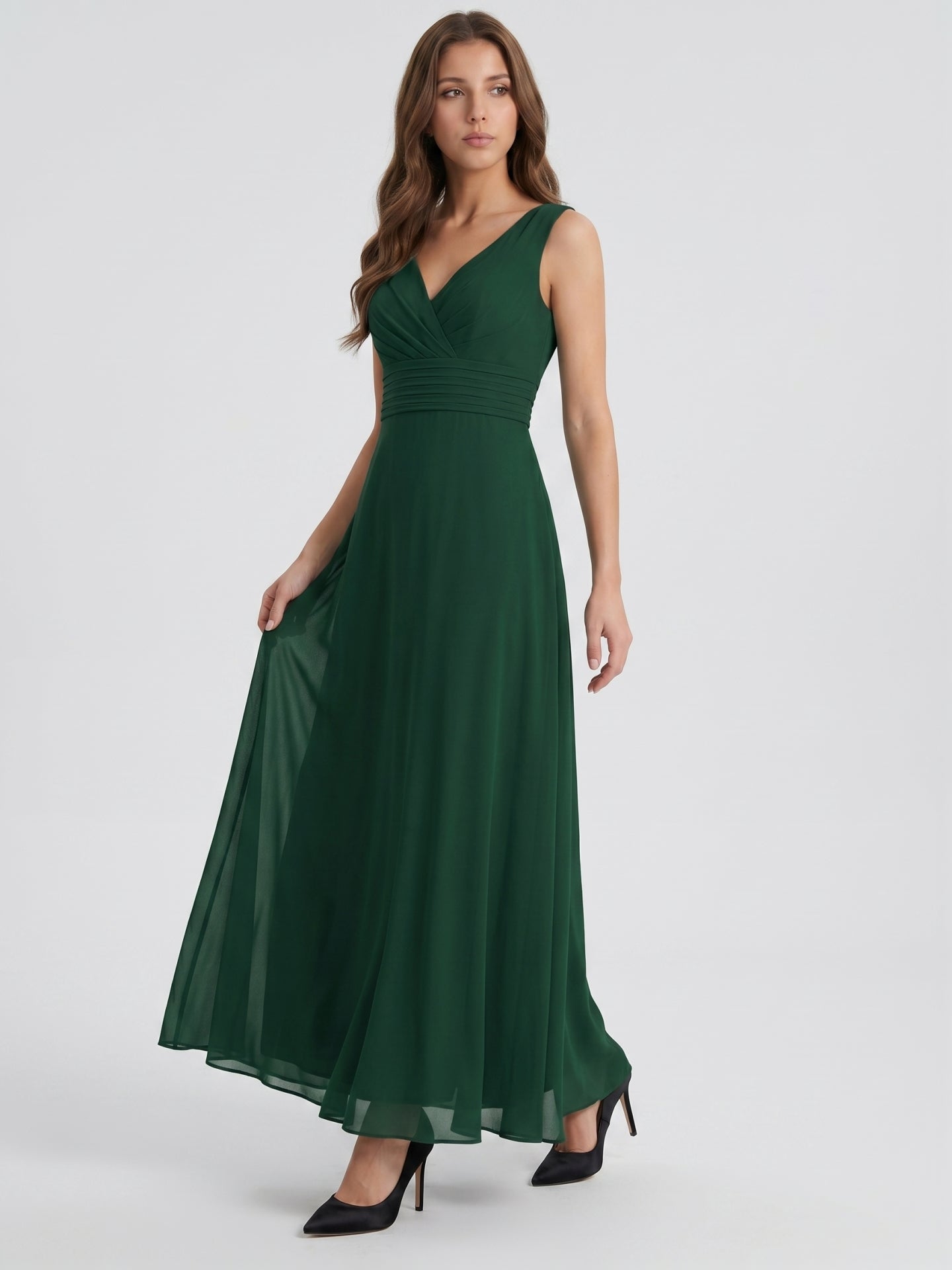 Forest Green Chiffon A-Line V-Neck Keyhole Back Floor-Length Pleated Bridesmaid Dress