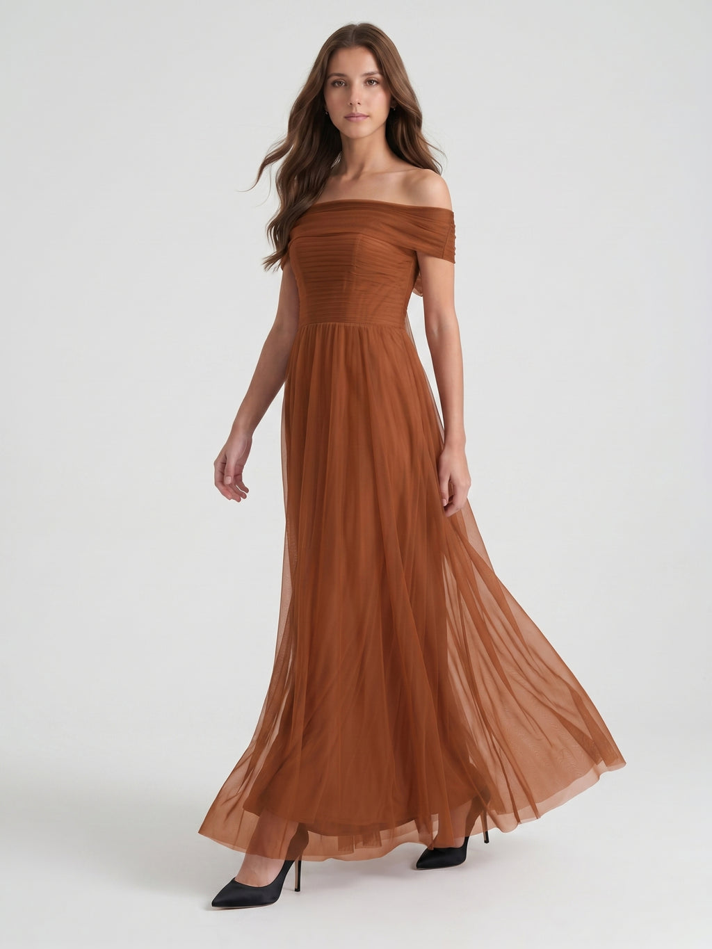 Terracotta Tulle A-Line Off-the-Shoulder Backless Floor-Length Bridesmaid Dress with Bow