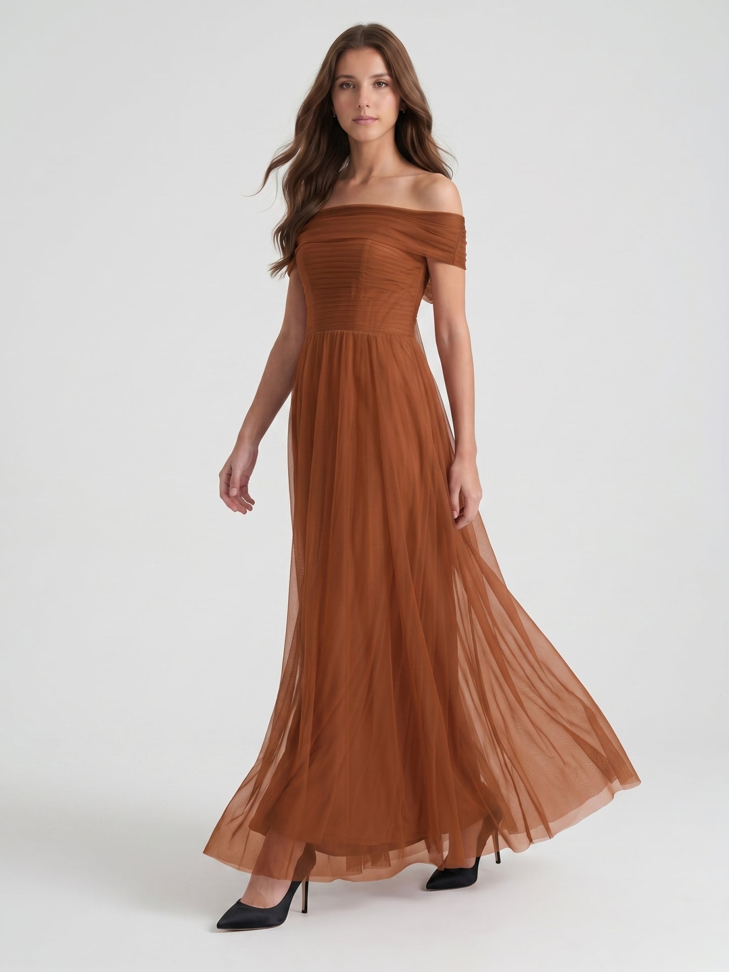 Terracotta Tulle A-Line Off-the-Shoulder Backless Floor-Length Bridesmaid Dress with Bow