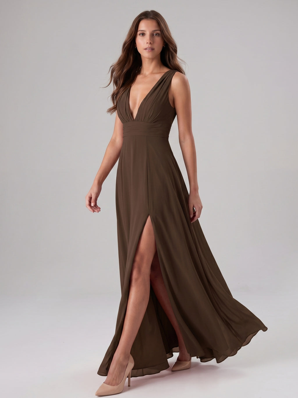 Mocha Chiffon A-Line V-Neck V-Back Floor-Length Pleated Bridesmaid Dress