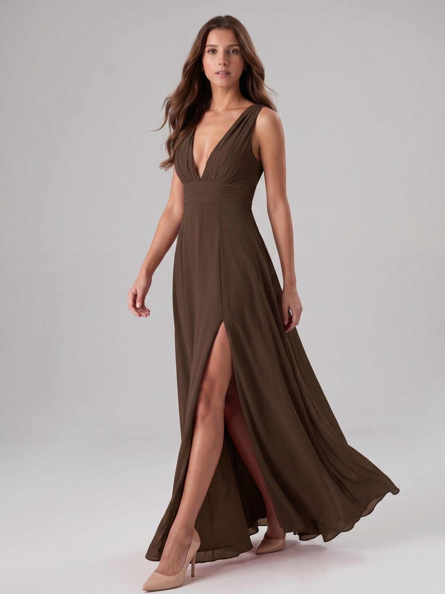 Mocha Chiffon A-Line V-Neck V-Back Floor-Length Pleated Bridesmaid Dress