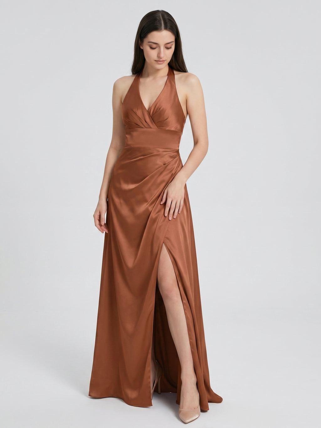 Terracotta Satin A-Line Halter Backless Floor-Length Pleated Bridesmaid Dress