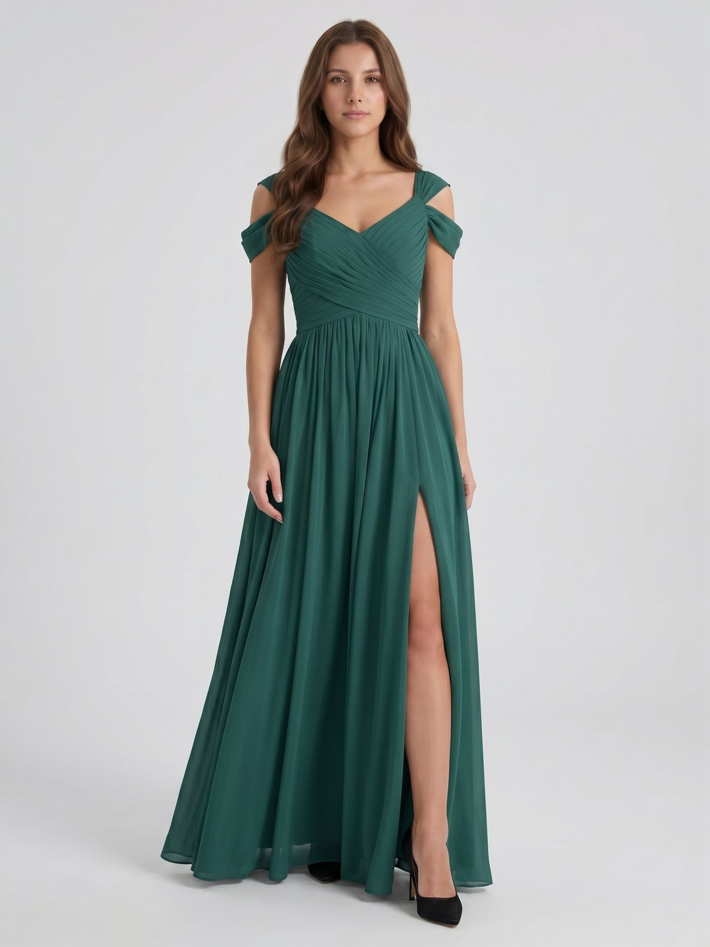 Peacock Chiffon A-Line V-Neck V-Back Floor-Length Pleated Bridesmaid Dress