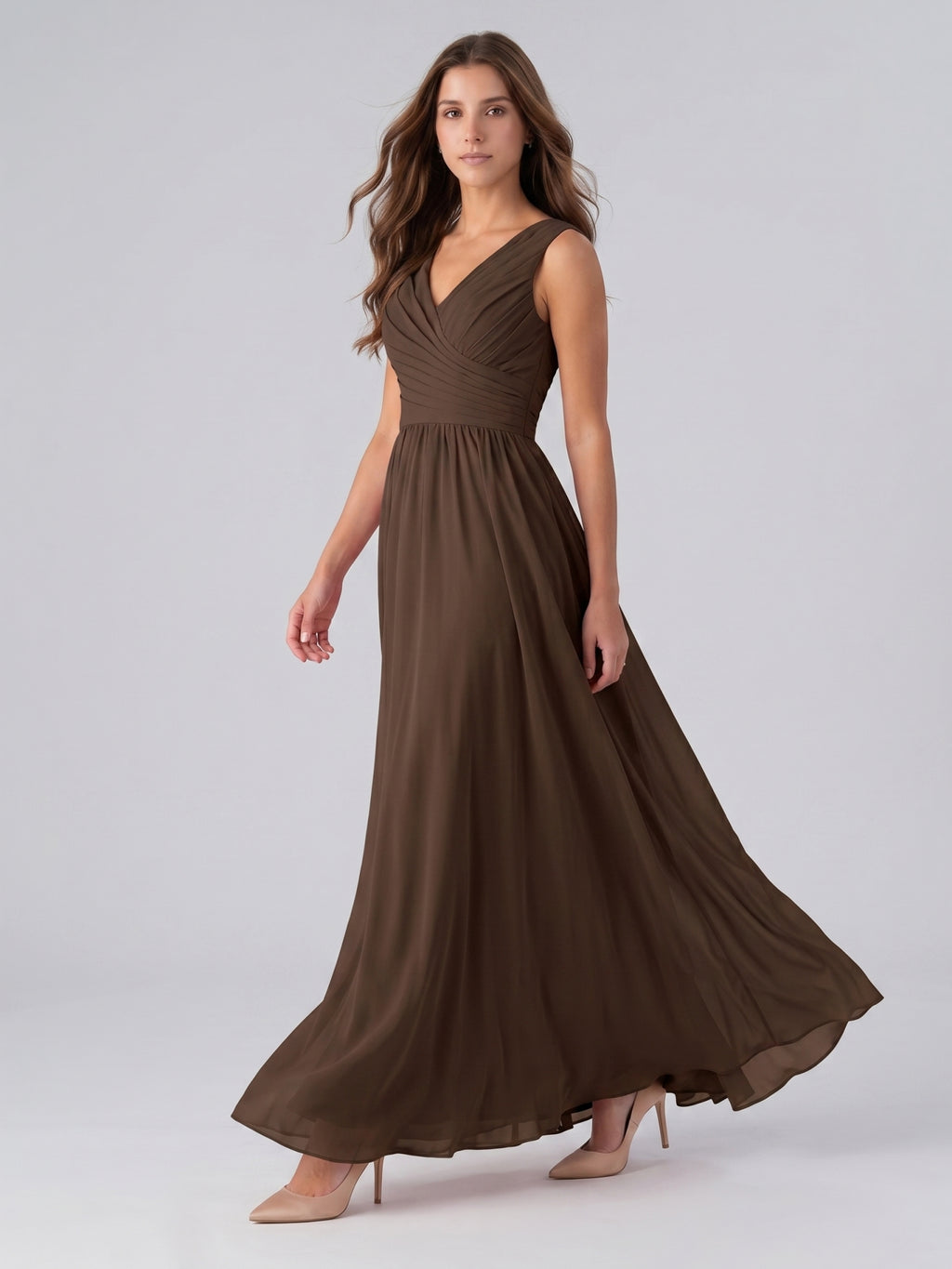 Mocha Chiffon A-Line V-Neck Back Zip Floor-Length Pleated Bridesmaid Dress