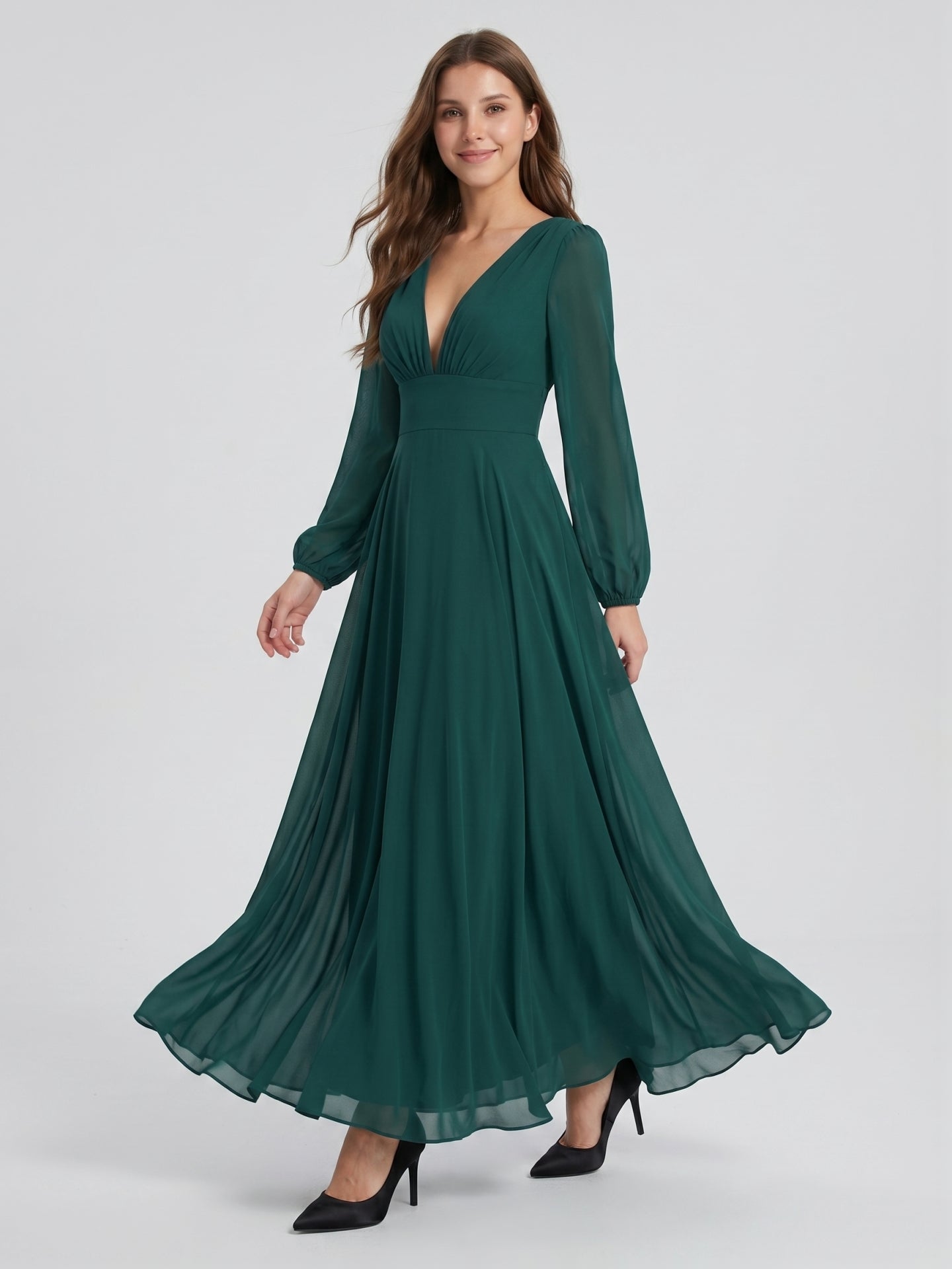 Peacock Chiffon A-Line V-Neck V-Back Floor-Length Bridesmaid Dress