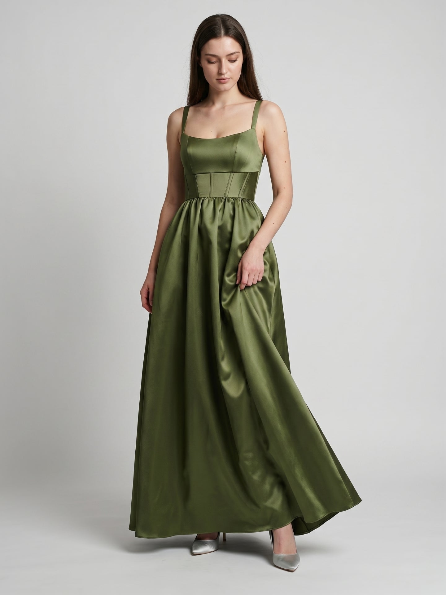 Olive Green Satin A-Line Scoop Neck Backless Floor-Length Bridesmaid Dress with Pockets