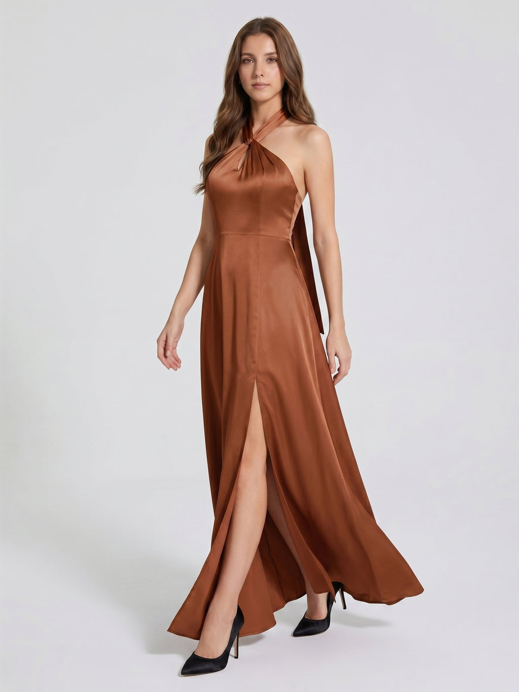 Terracotta Satin A-Line Halter Lace-Up Back Floor-Length Bridesmaid Dress with Bow