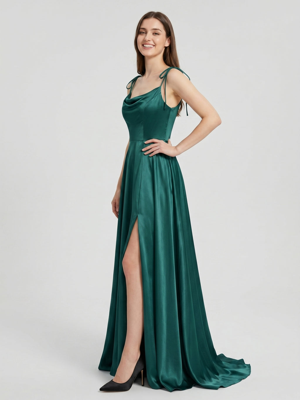 Peacock Satin A-Line Cowl Neck Backless Floor-Length Pleated Bridesmaid Dress