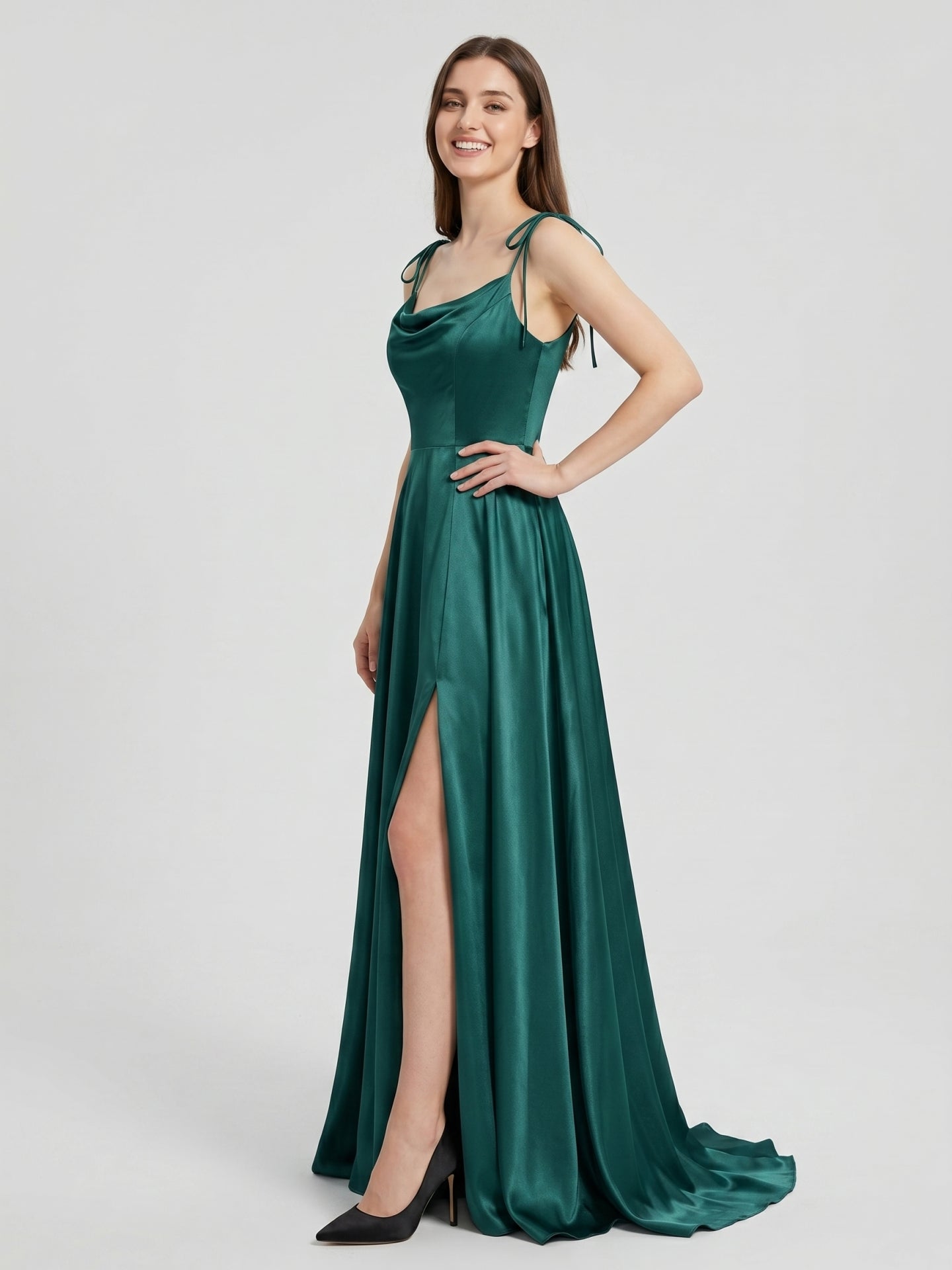 Peacock Satin A-Line Cowl Neck Backless Floor-Length Pleated Bridesmaid Dress