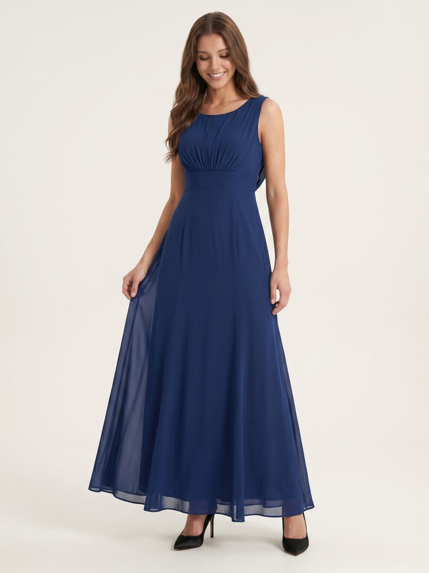 Simple Navy Blue Chiffon A-Line Scoop Neck V-Back with Bow Accent Ankle-Length Bridesmaid Dress