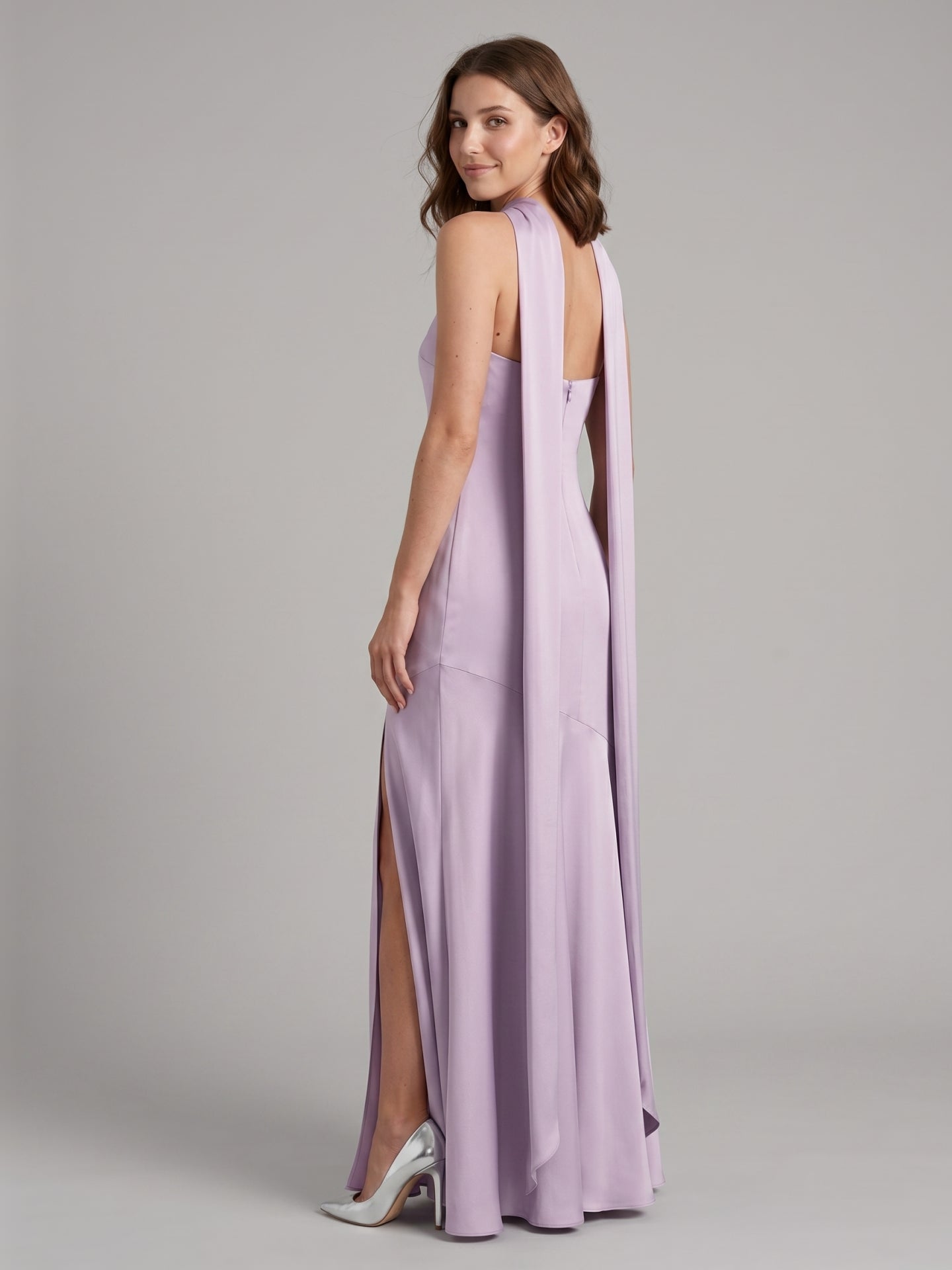 Elegant Lavender Matte Satin Sheath Halter neckline Back Zip Ankle-Length Bridesmaid Dress