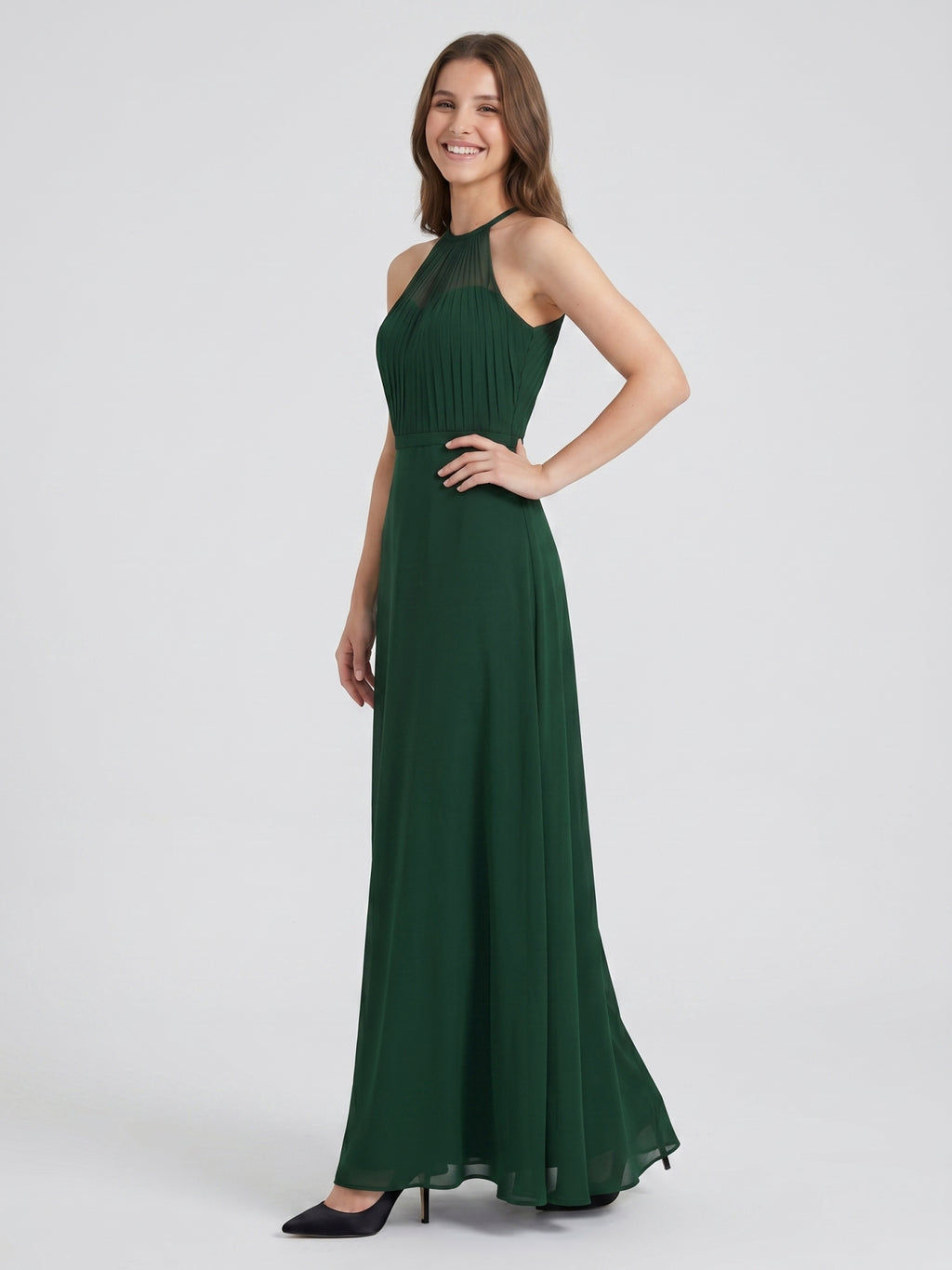 Forest Green Chiffon A-Line Halter Back Zip Floor-Length  Bridesmaid Dress