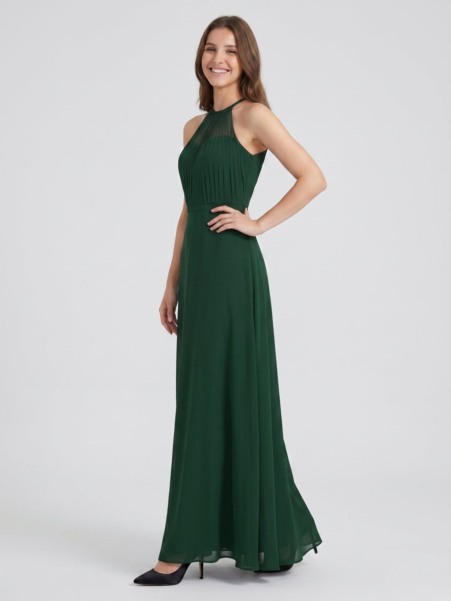 Forest Green Chiffon A-Line Halter Back Zip Floor-Length  Bridesmaid Dress