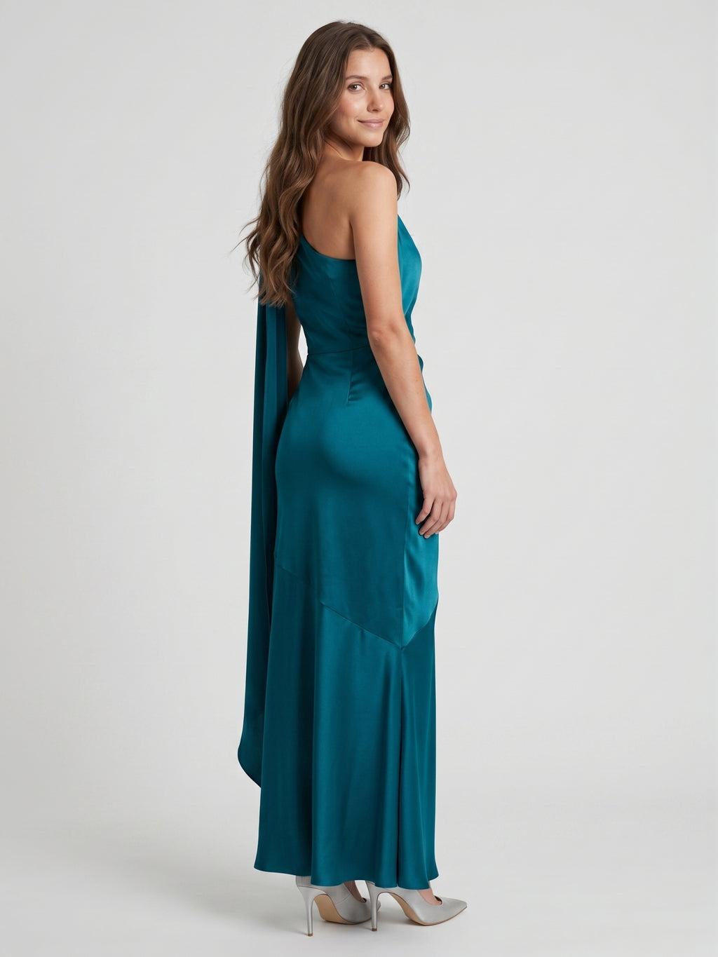 Elegant Teal Satin column One Shoulder Backless Ankle-Length Bridesmaid Dress