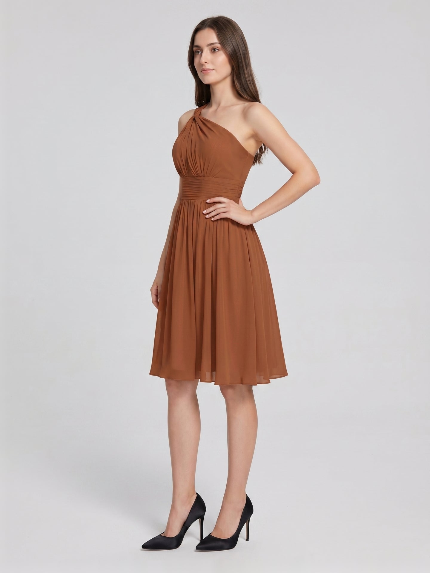 Terracotta Chiffon A-Line One Shoulder Backless Knee-Length Pleated Bridesmaid Dress
