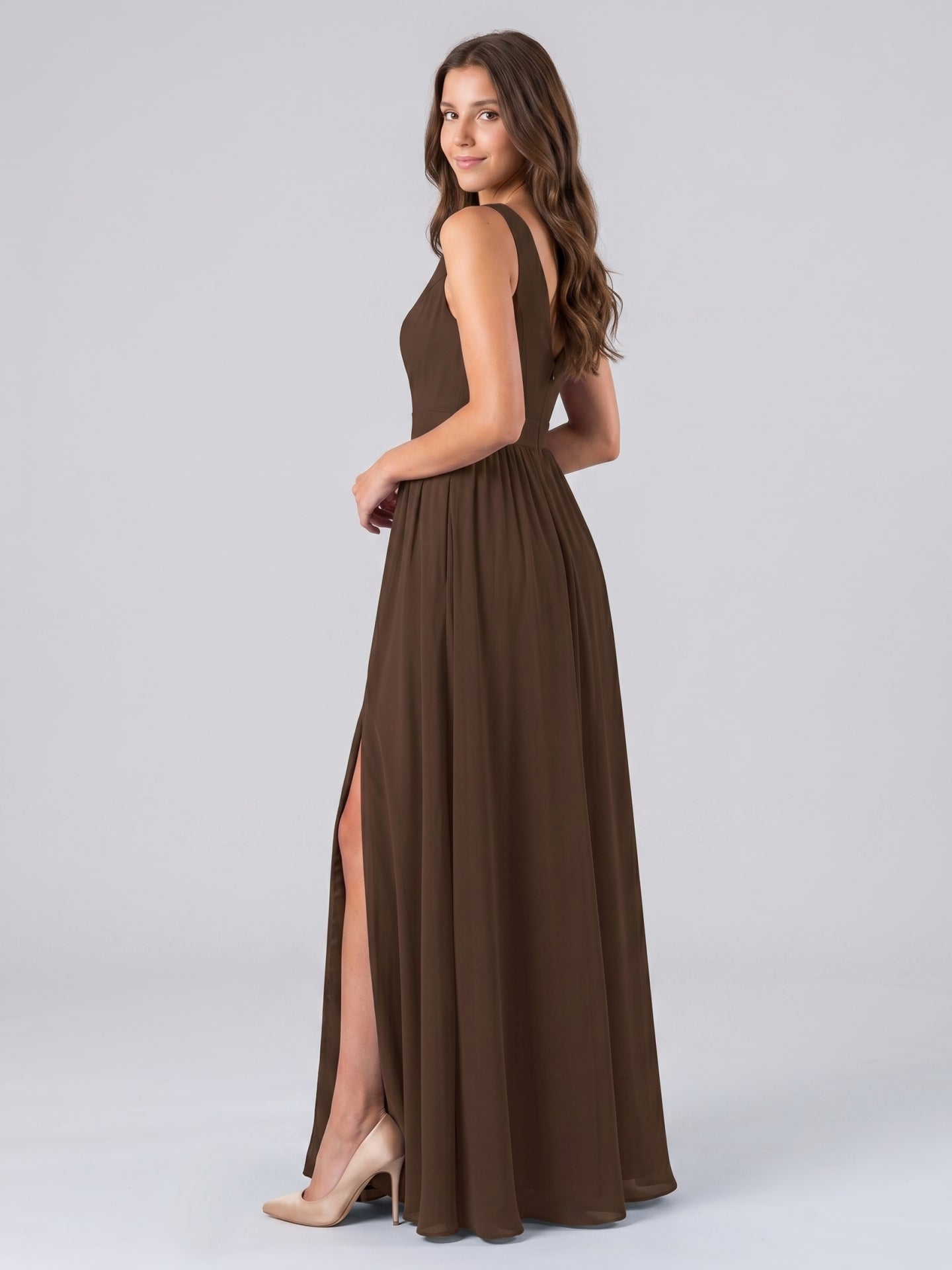 Mocha Chiffon A-Line V-Neck Backless Floor-Length Pleated Bridesmaid Dress