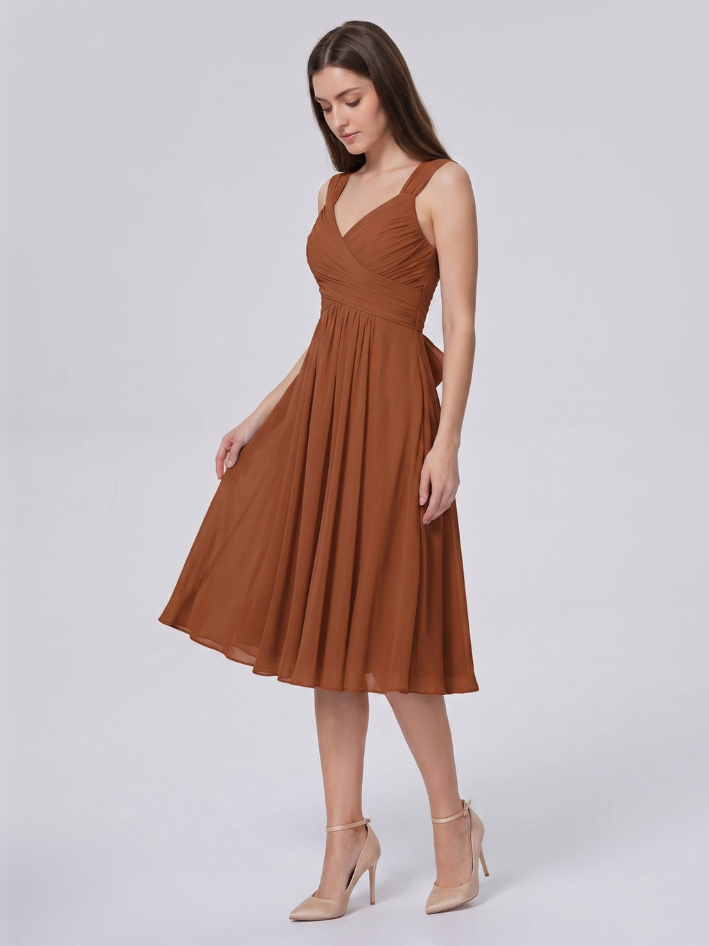 Terracotta Chiffon A-Line V-Neck Backless Knee-Length Bridesmaid Dress with Bow