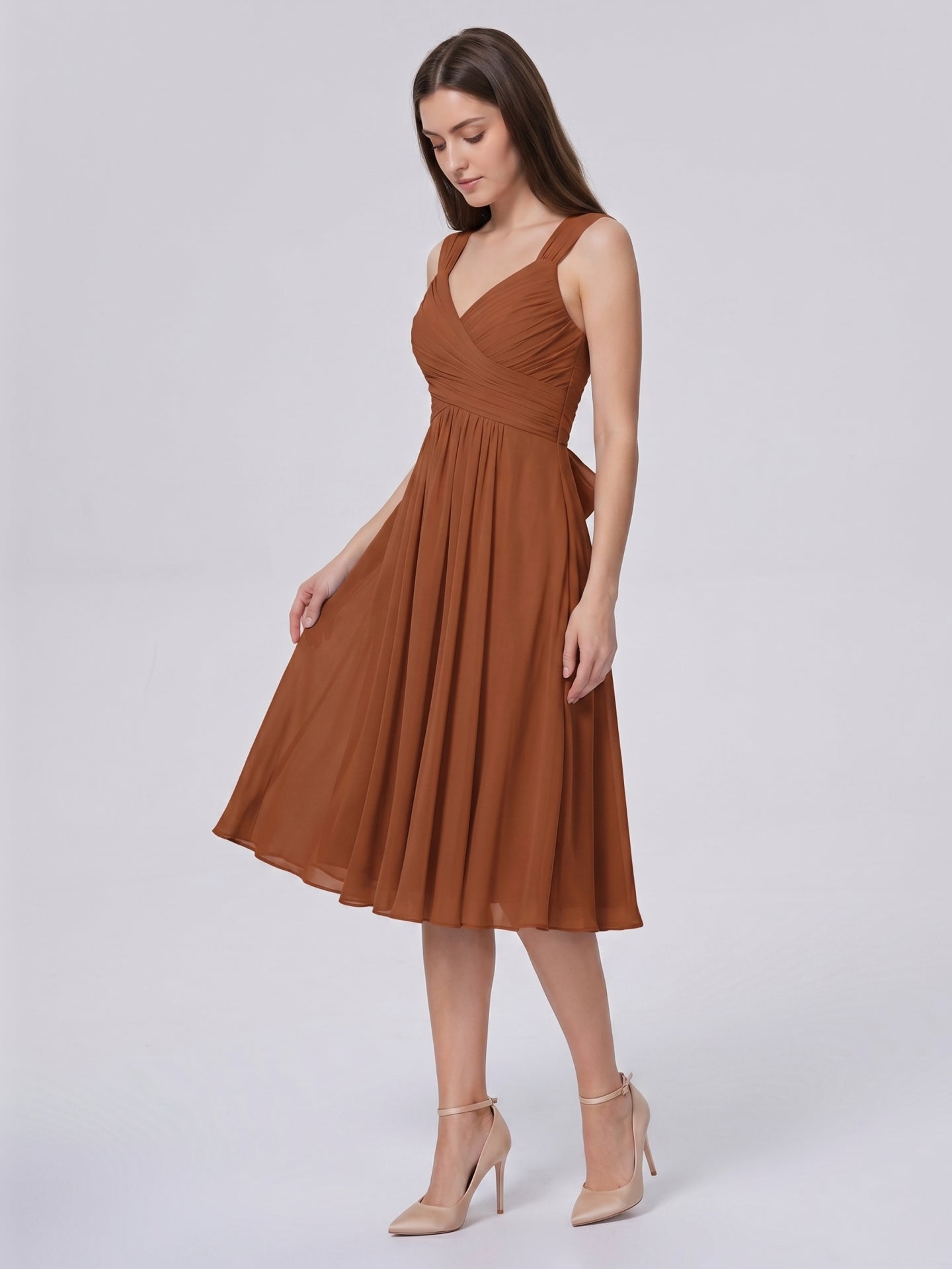 Terracotta Chiffon A-Line V-Neck Backless Knee-Length Bridesmaid Dress with Bow