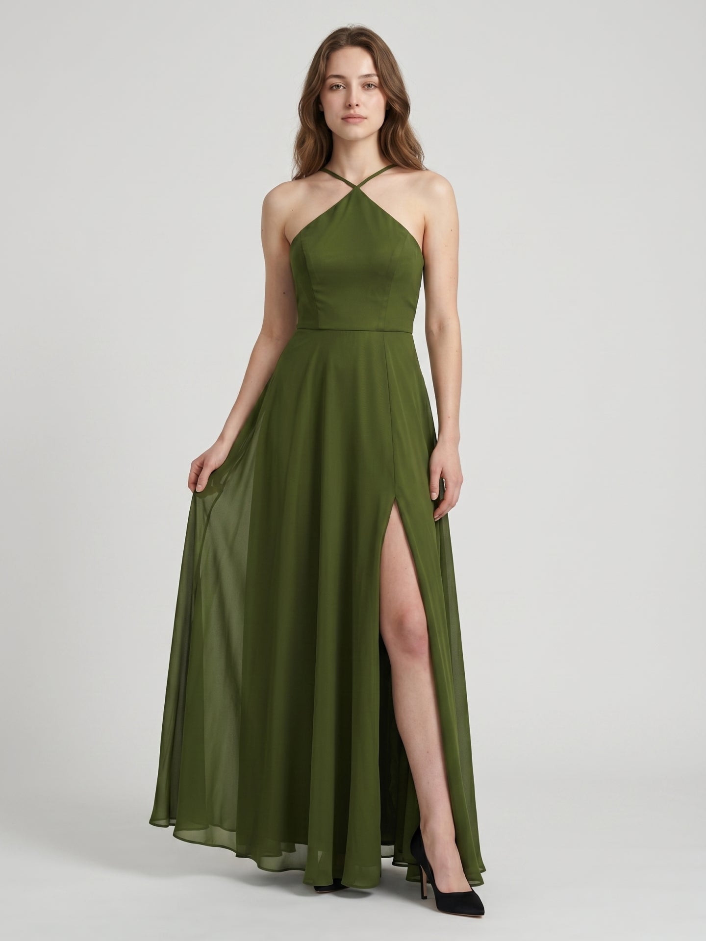 Olive Green Chiffon A-Line Halter Back Zip Floor-Length Bridesmaid Dress