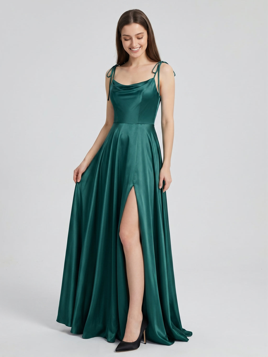 Peacock Satin A-Line Cowl Neck Backless Floor-Length Pleated Bridesmaid Dress