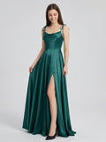 Peacock Satin A-Line Cowl Neck Backless Floor-Length Pleated Bridesmaid Dress