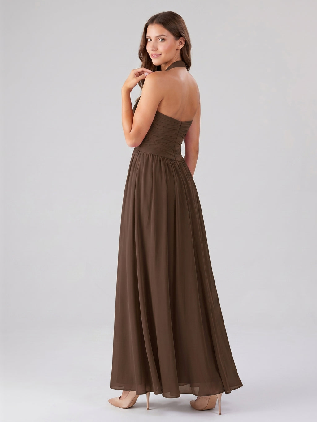 Mocha Chiffon A-Line Halter Backless Floor-Length Pleated Bridesmaid Dress