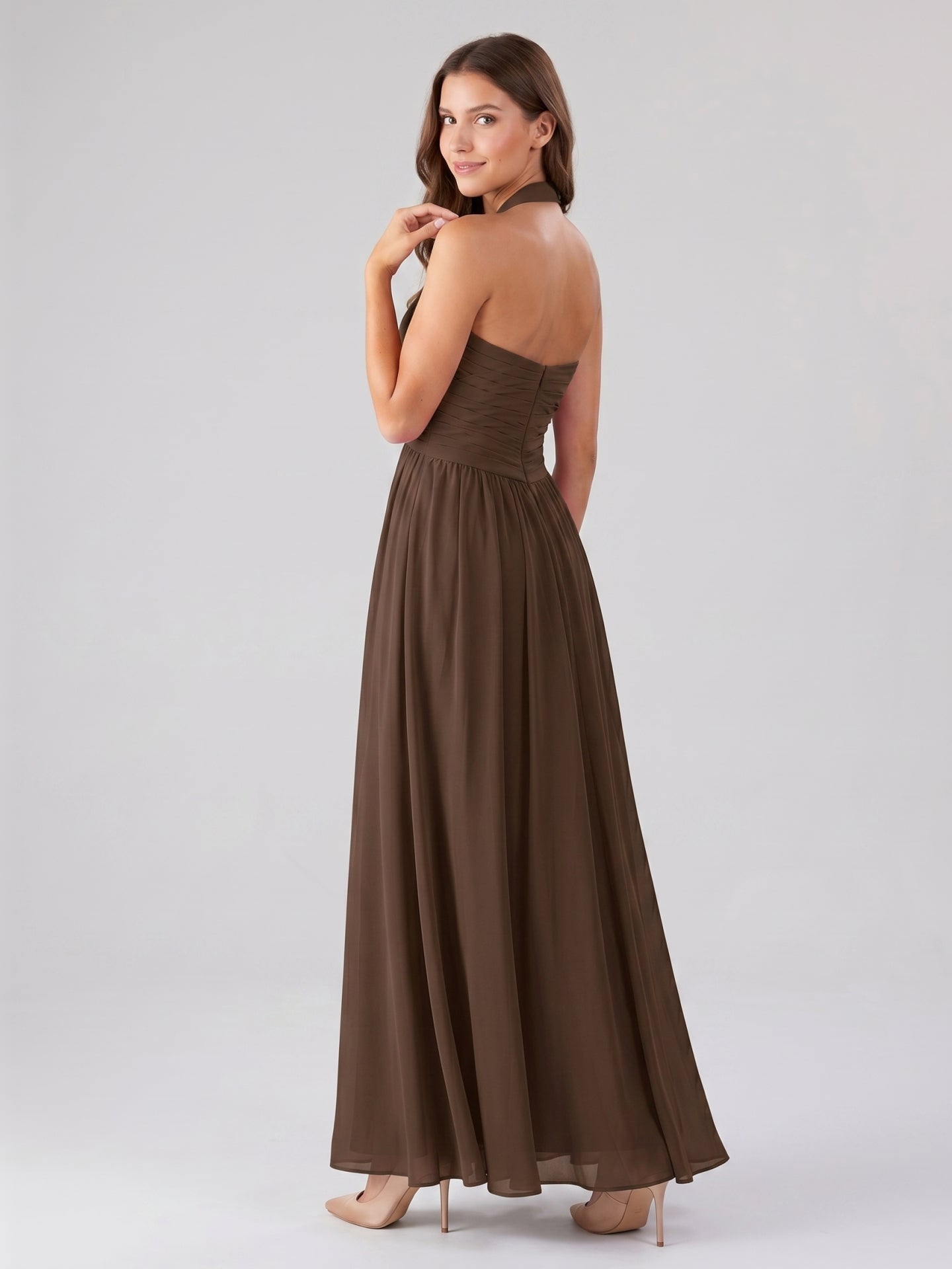 Mocha Chiffon A-Line Halter Backless Floor-Length Pleated Bridesmaid Dress
