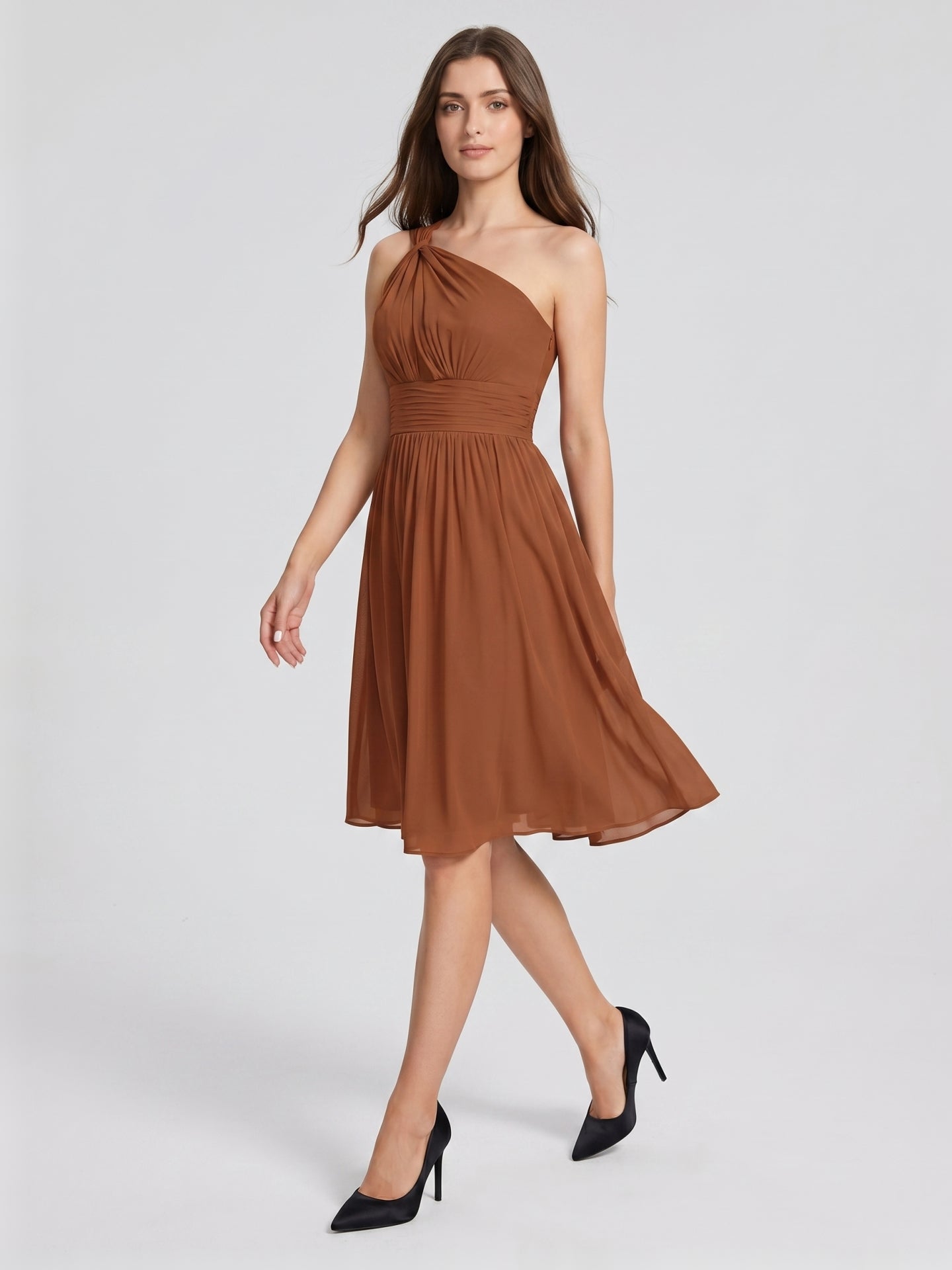 Terracotta Chiffon A-Line One Shoulder Backless Knee-Length Pleated Bridesmaid Dress