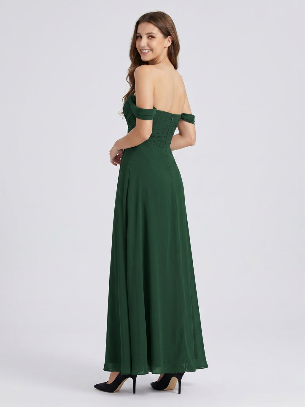Forest Green Chiffon A-Line Off-the-Shoulder Backless Floor-Length Pleated Dress