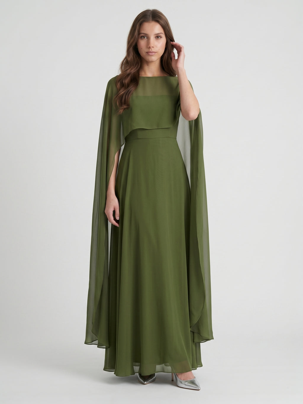 Olive Green Chiffon A-Line Straight Neck Illusion Back Floor-Length Bridesmaid Dress with Cape