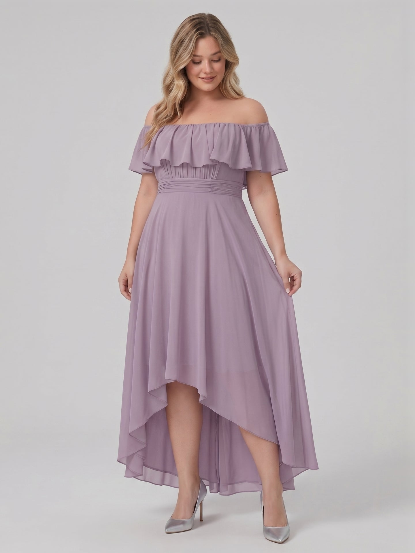 Sweet & Flowy lavender Chiffon A-Line Off-the-Shoulder Backless Asymmetrical Plus Size Bridesmaid Dress
