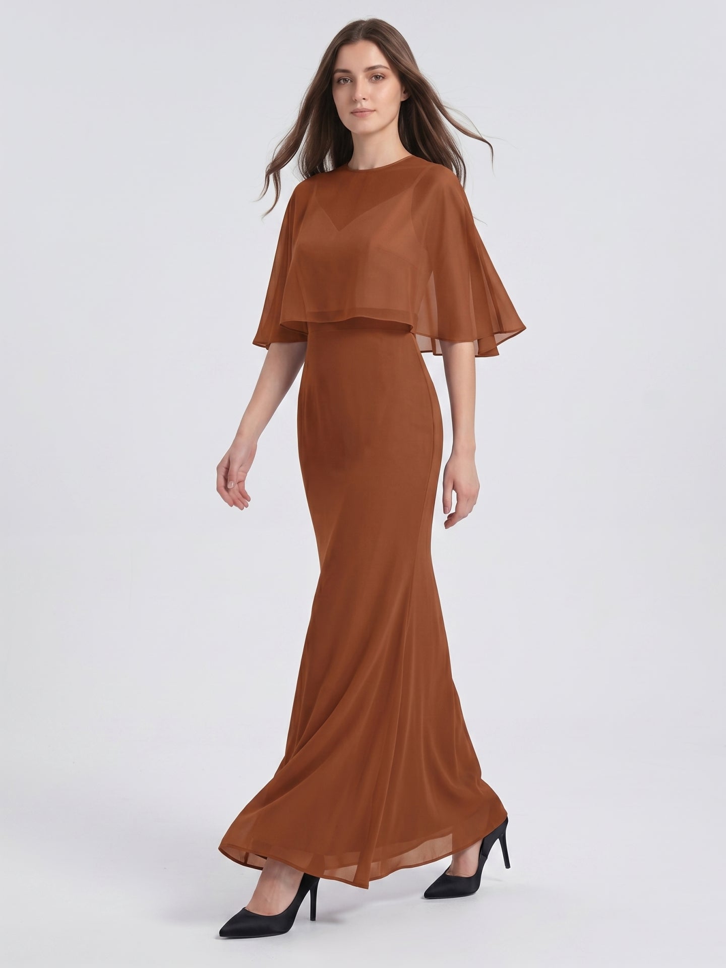 Terracotta Chiffon Mermaid Sweetheart Back Zip Floor-Length Bridesmaid Dress with Cape