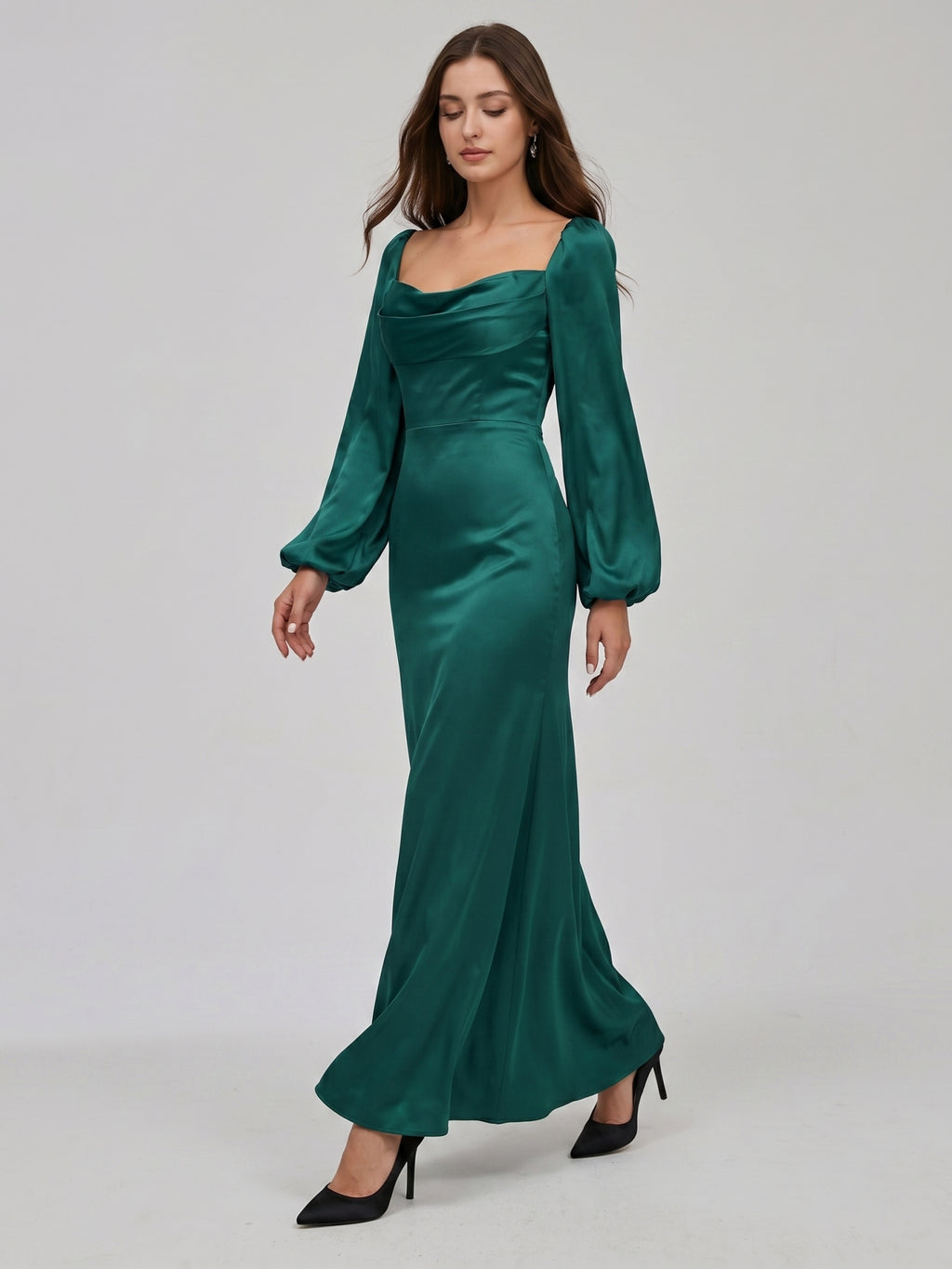 Peacock Satin Sheath Cowl Neck Back Zip Floor-Length Bridesmaid Dress