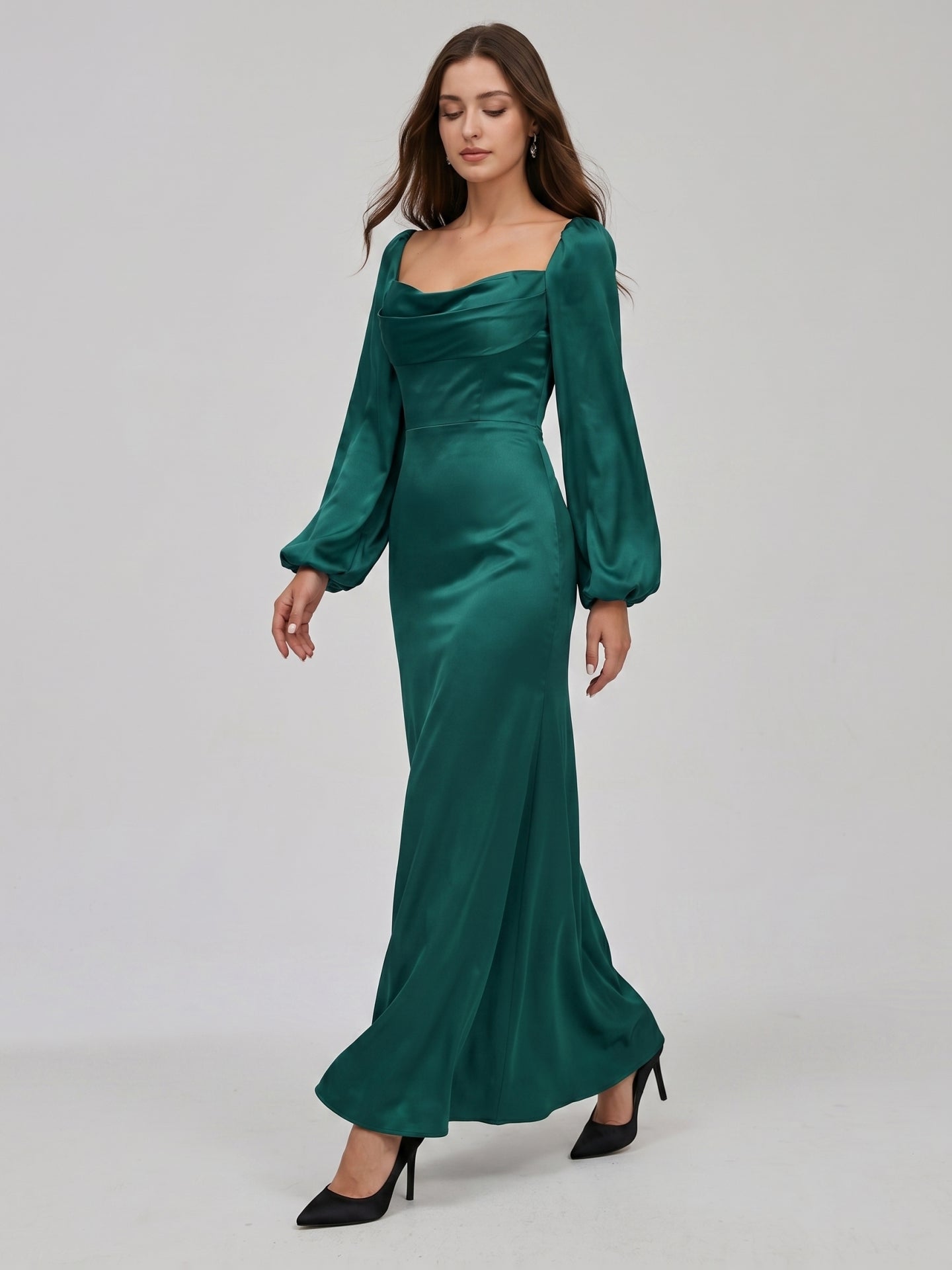 Peacock Satin Sheath Cowl Neck Back Zip Floor-Length Bridesmaid Dress