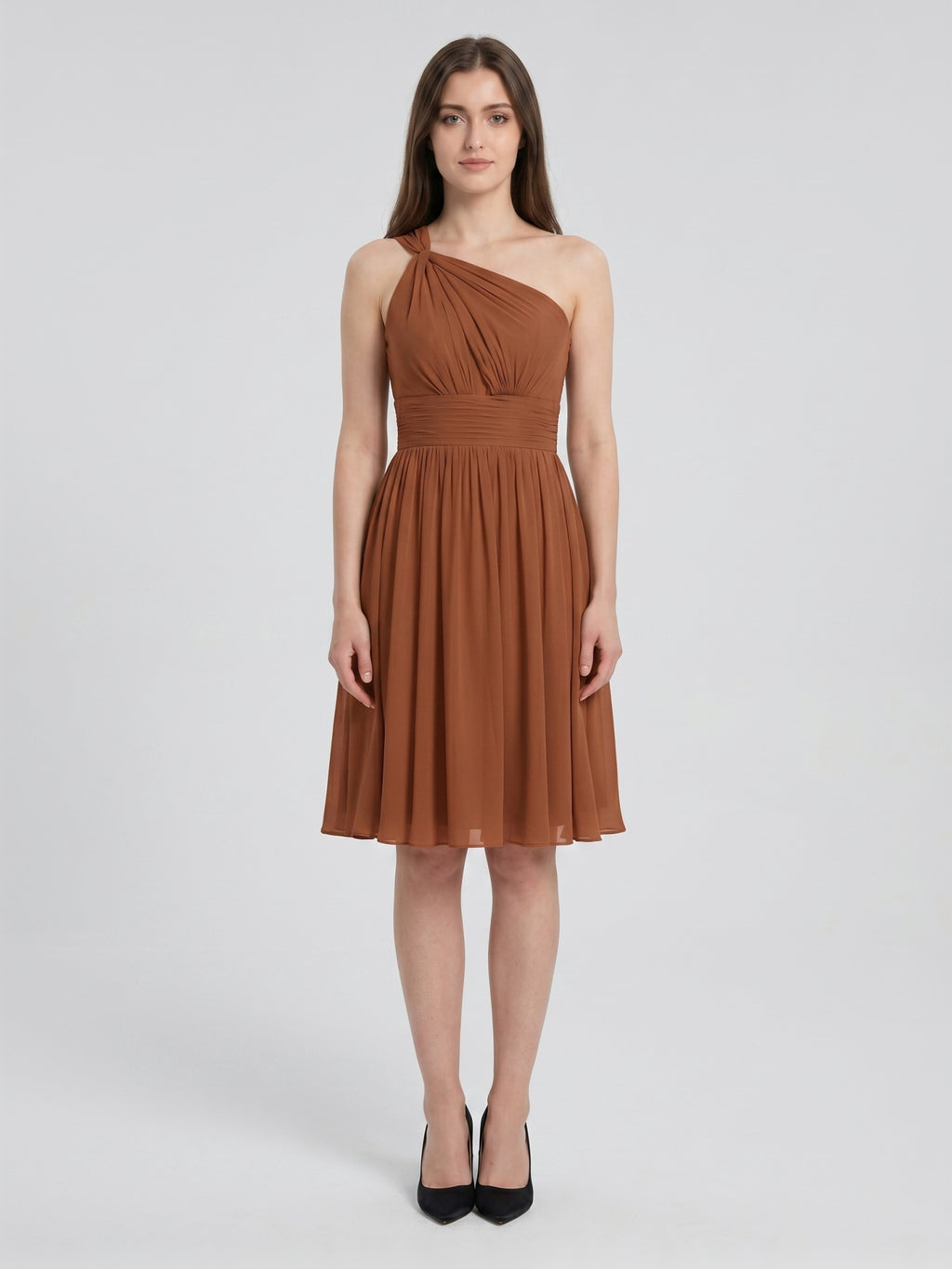 Terracotta Chiffon A-Line One Shoulder Backless Knee-Length Pleated Bridesmaid Dress